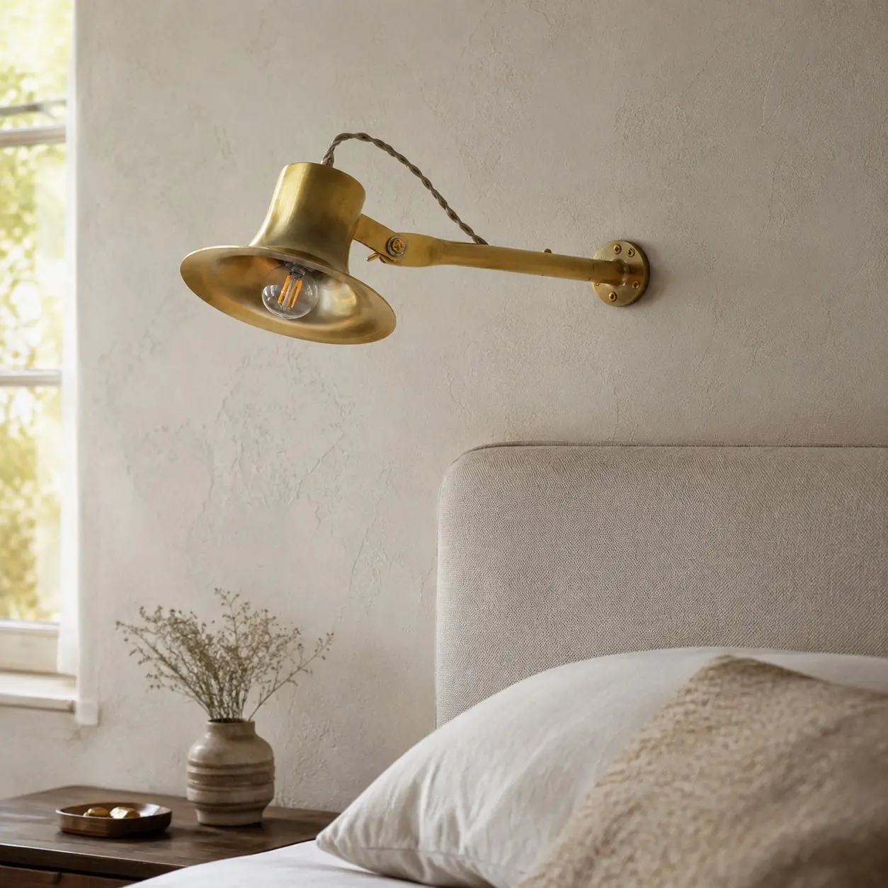 Matte brass wall light beside a bed