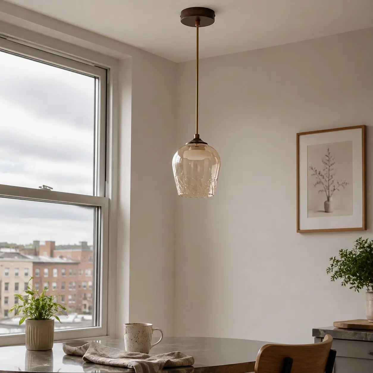 Amber glass pendant light in a warm window-side interior