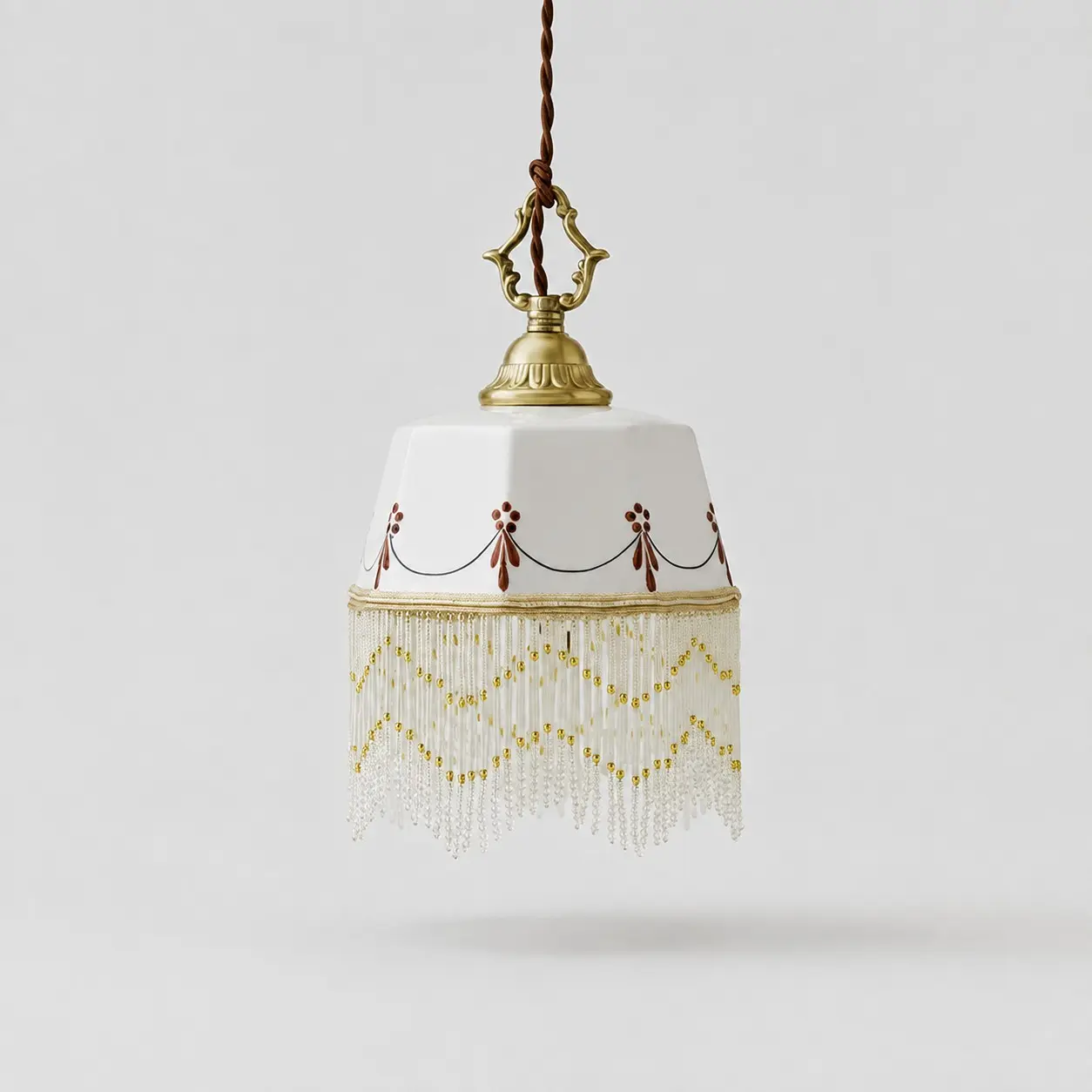 Vintage handbeschilderde keramische hanglamp met kwastjes