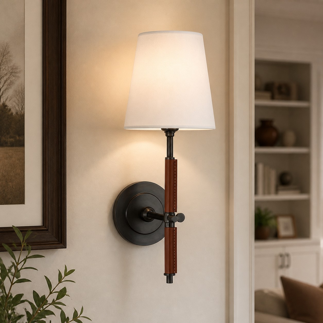 Matzwarte leren wandlamp in een warm interieur