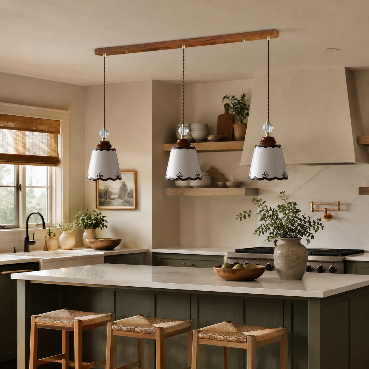 Lámpara colgante de cerámica de tres luces sobre una cálida isla de cocina.