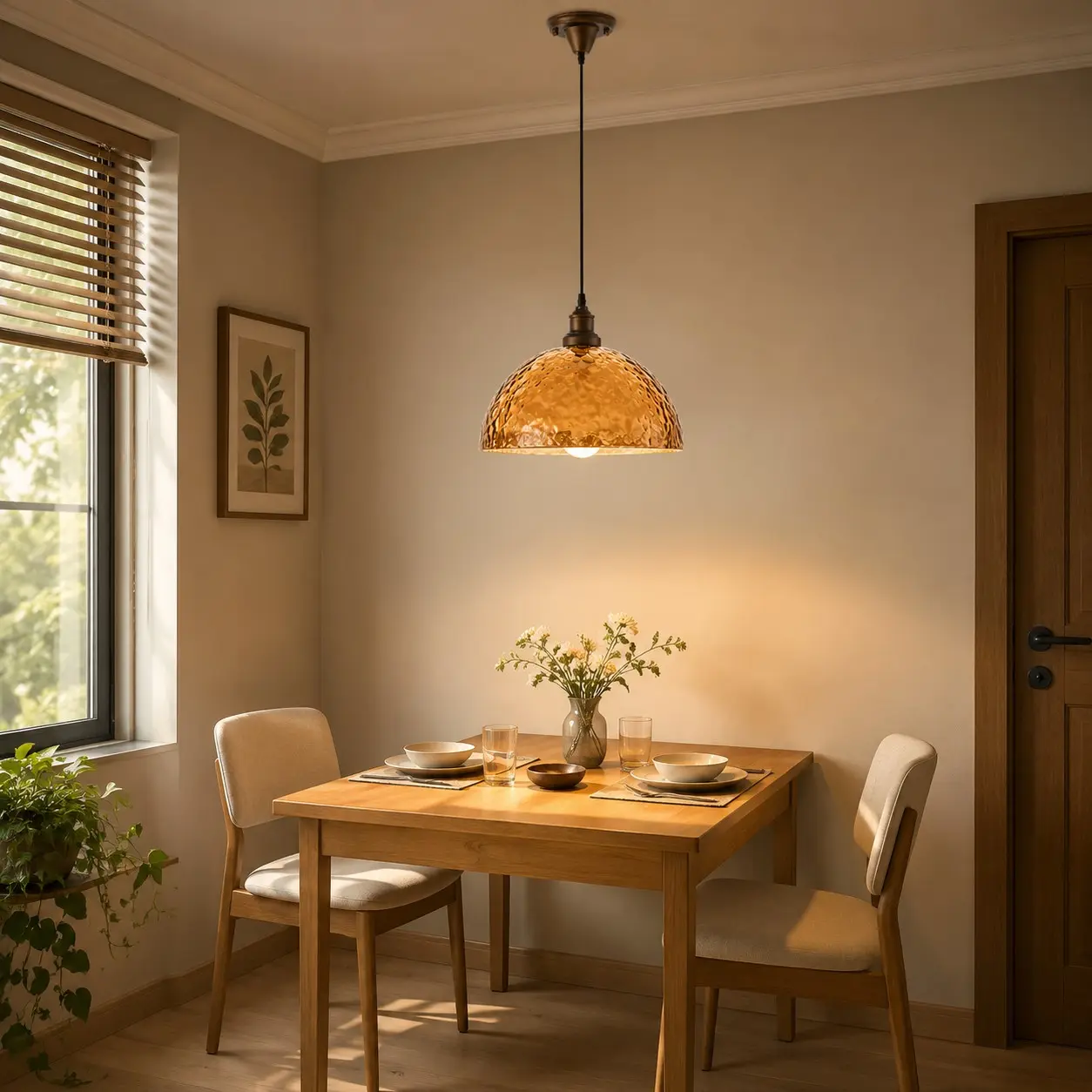 Amber pendant light creating a warm dining atmosphere