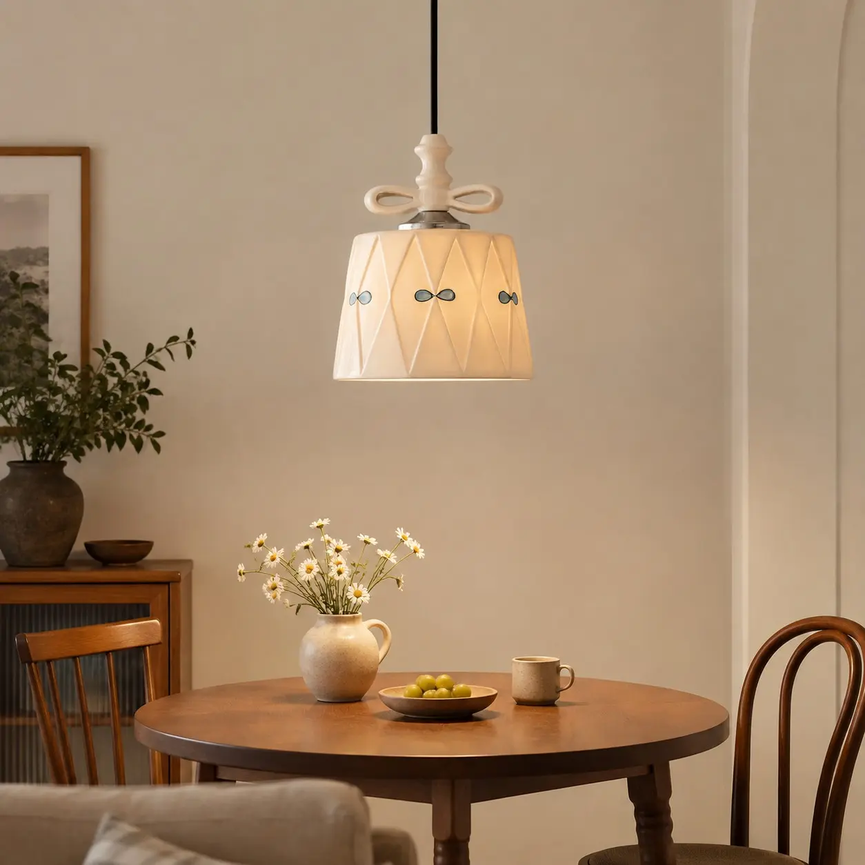 Handbeschilderde keramische hanglamp in een sfeervolle eetkamer.