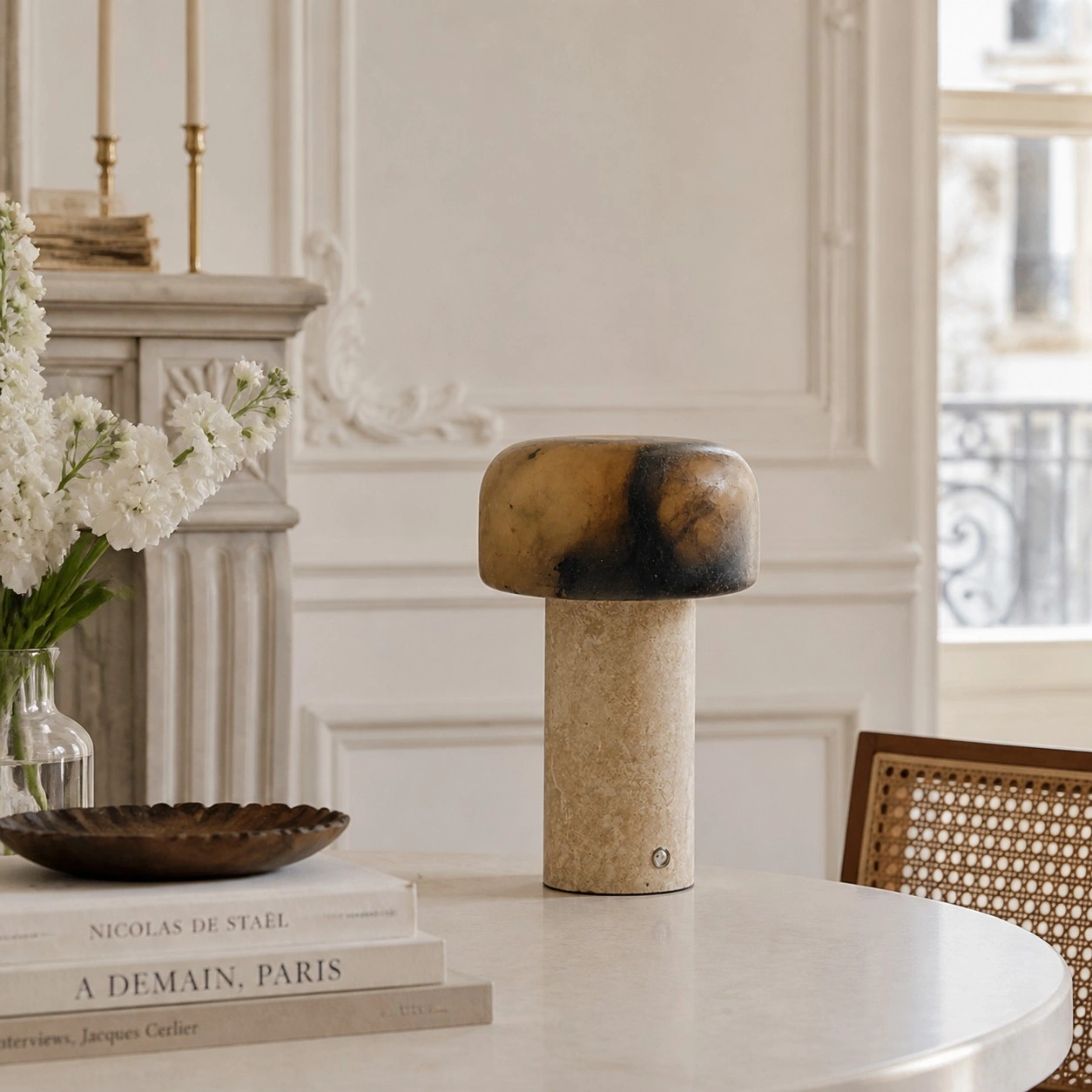 Brown Dolomite and Yellow Travertine lamp in a refined dining room