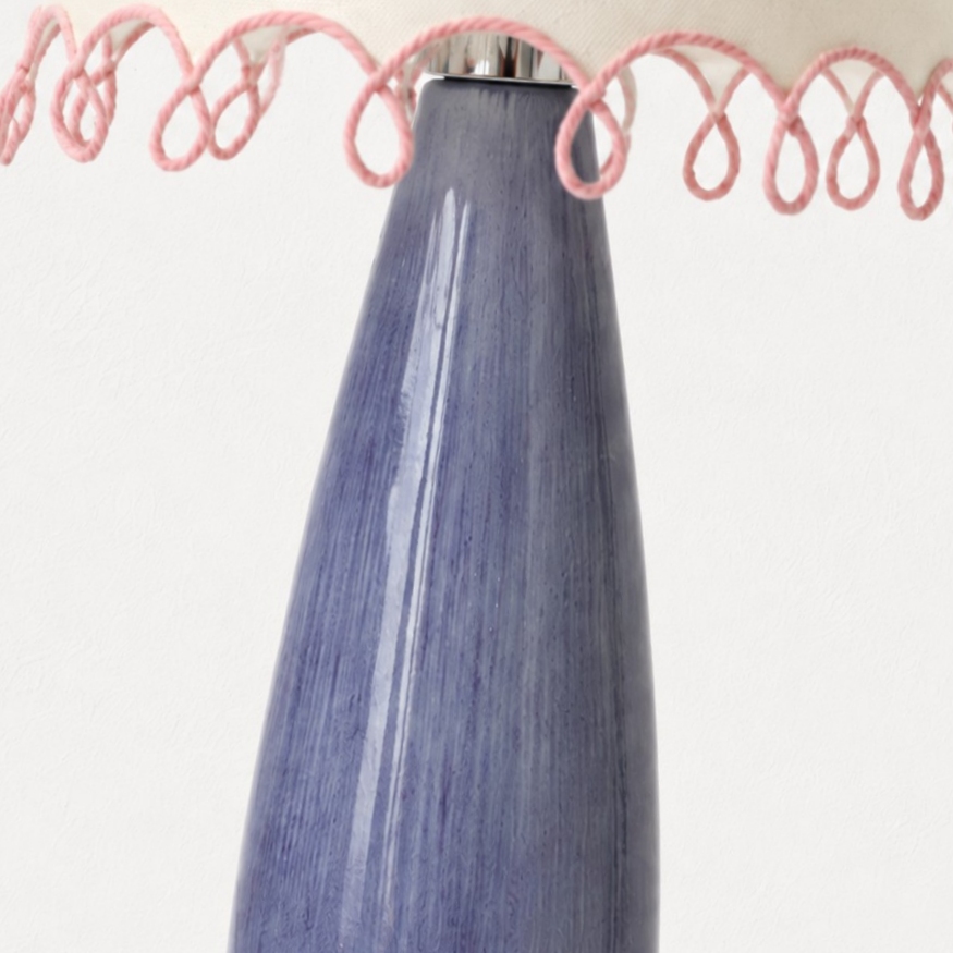 Corps de lampe en céramique émaillée bleue avec collerette en métal poli