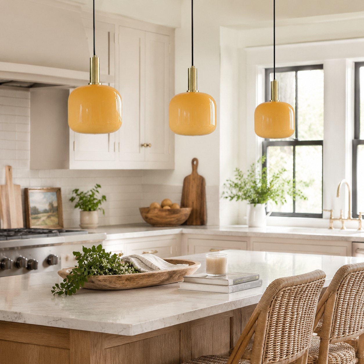 Yellow glass pendant lights over a bright kitchen counter