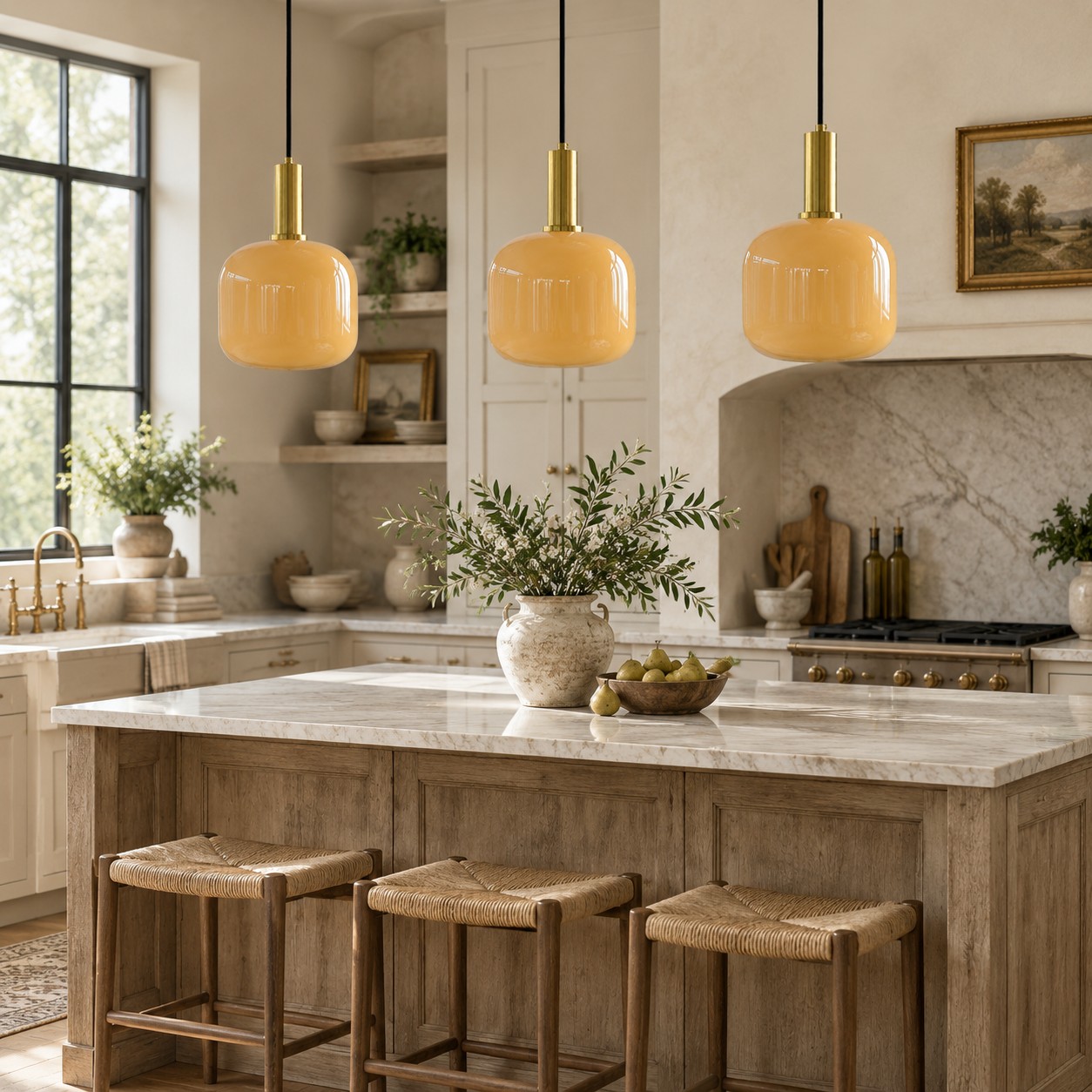 Yellow glass pendant lights over a kitchen island with brass accents