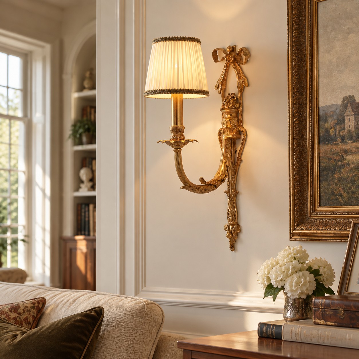 One-head brass wall sconce mounted beside framed artwork