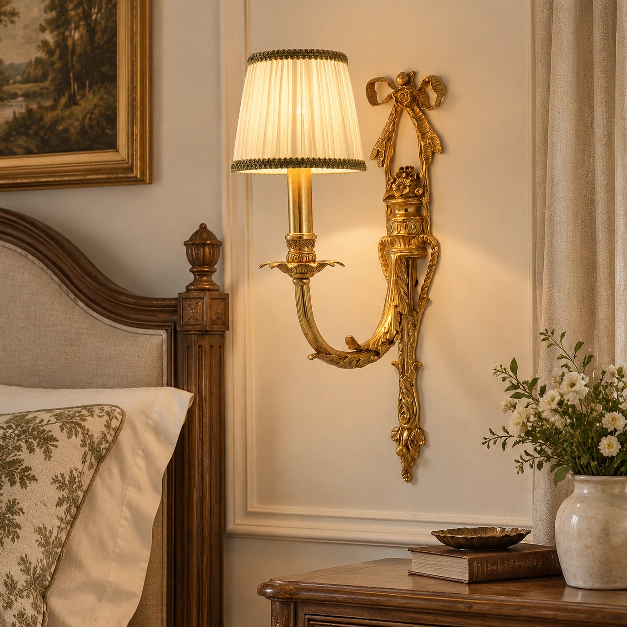 One-head brass and white wall sconce beside a classic bedroom setting