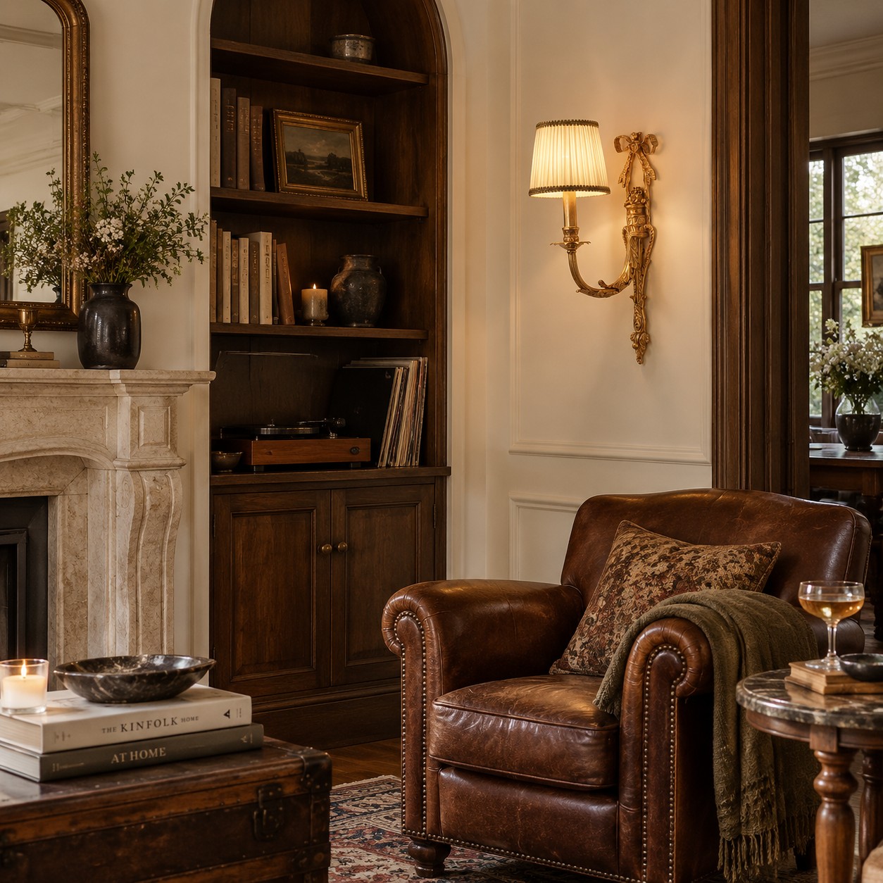 One-head brass wall sconce with white fabric shade in a vintage living room