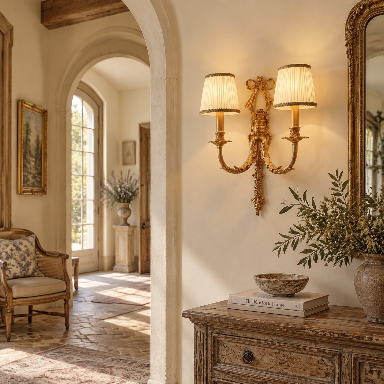 Two-head brass and white wall sconce above a classic corridor console