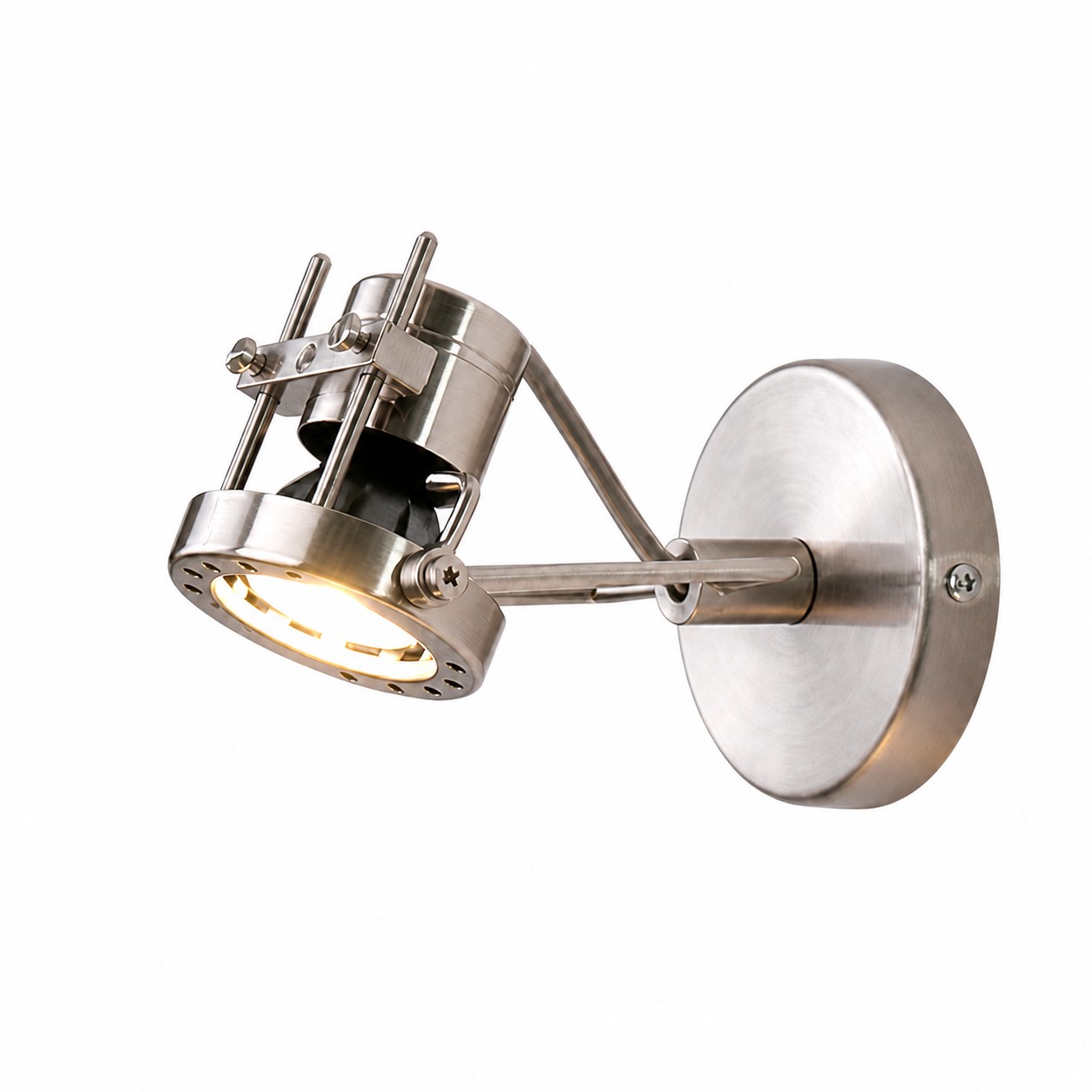 Bauhaus brushed nickel adjustable wall spotlight on white