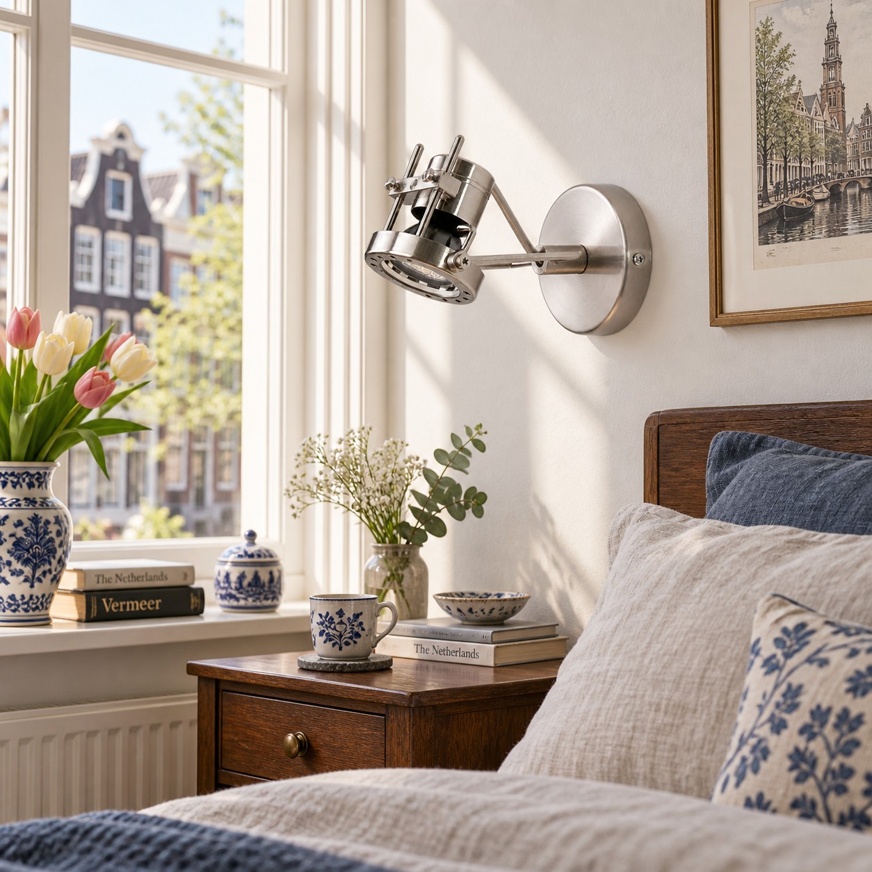 Bauhaus brushed nickel wall spotlight beside a bed