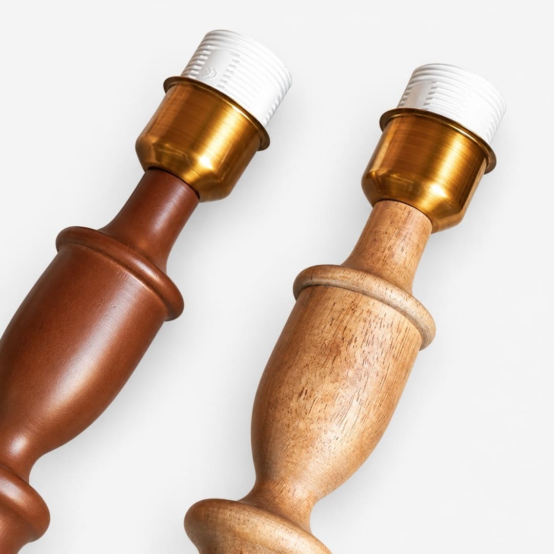 Brass-toned E27 lamp holders on the two wood finishes