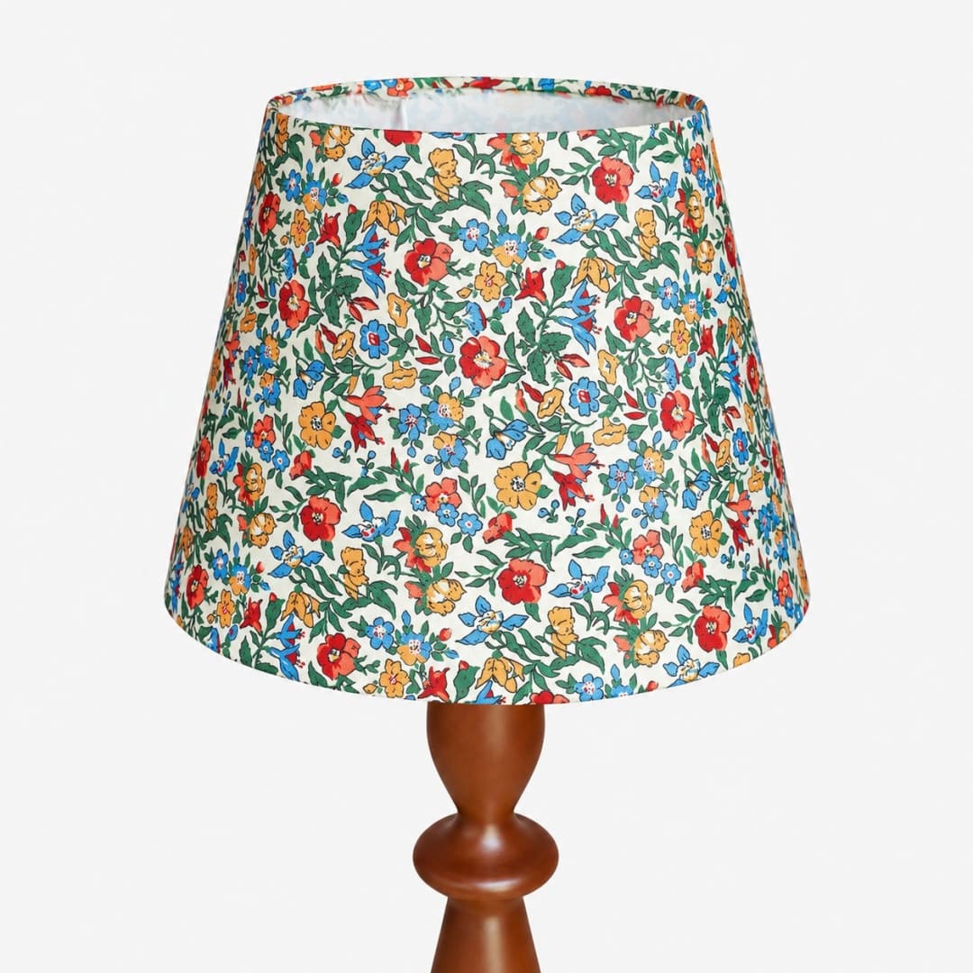 Close view of the multicolor floral fabric lampshade