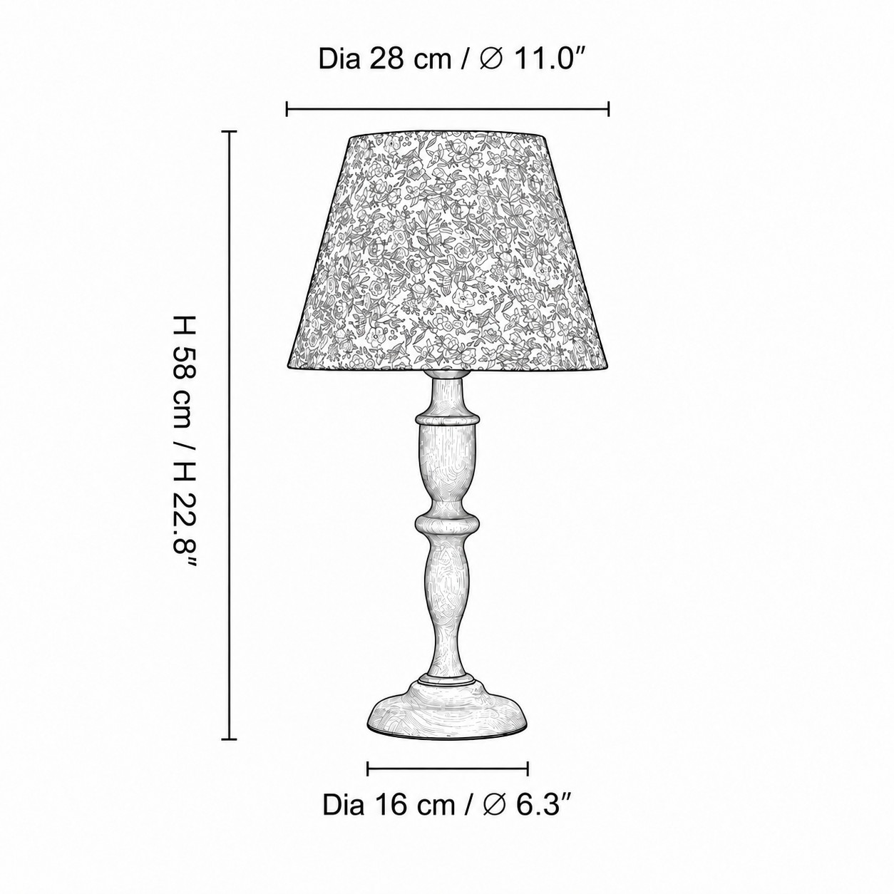 Dimension diagram showing 58 centimeter lamp height, 28 centimeter shade diameter, and 16 centimeter base diameter