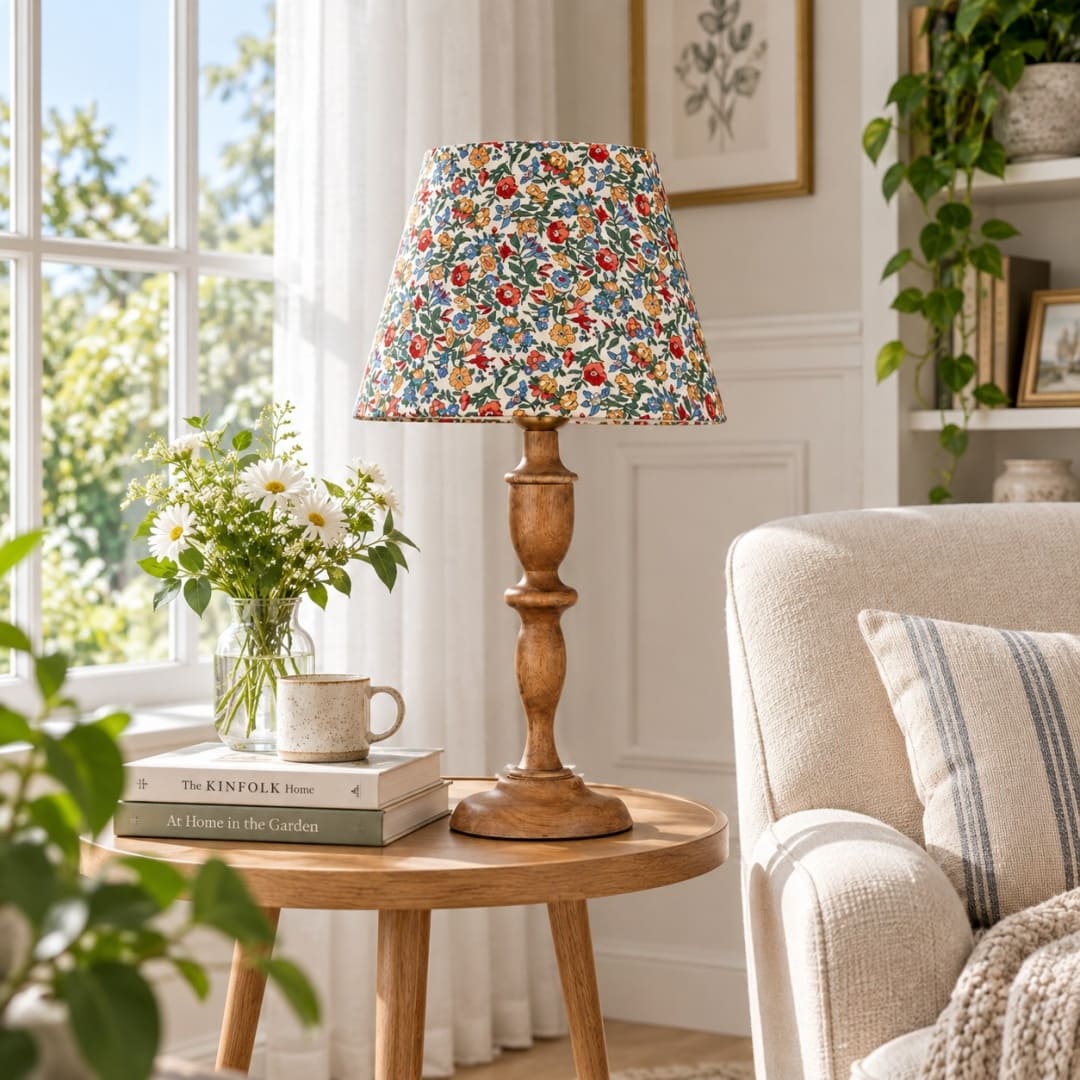 Natural wood floral table lamp in a sunlit reading corner