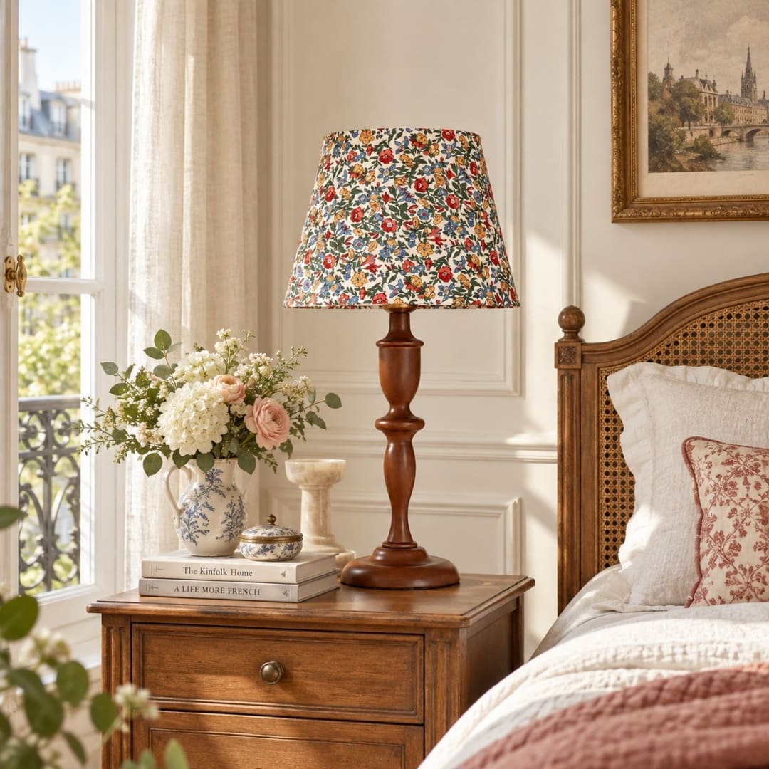 Walnut wood floral table lamp beside a bed