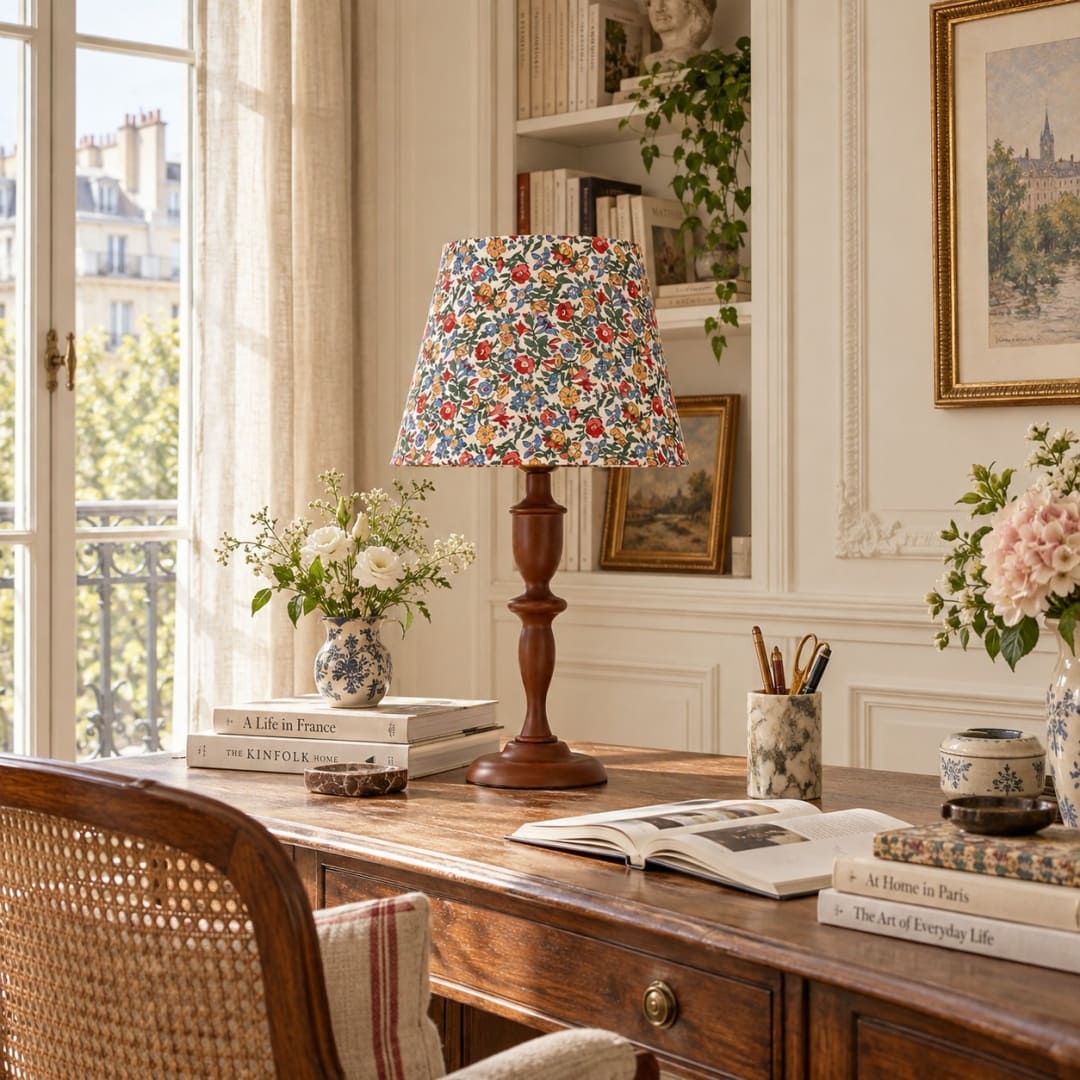 Walnut wood floral table lamp on a writing desk