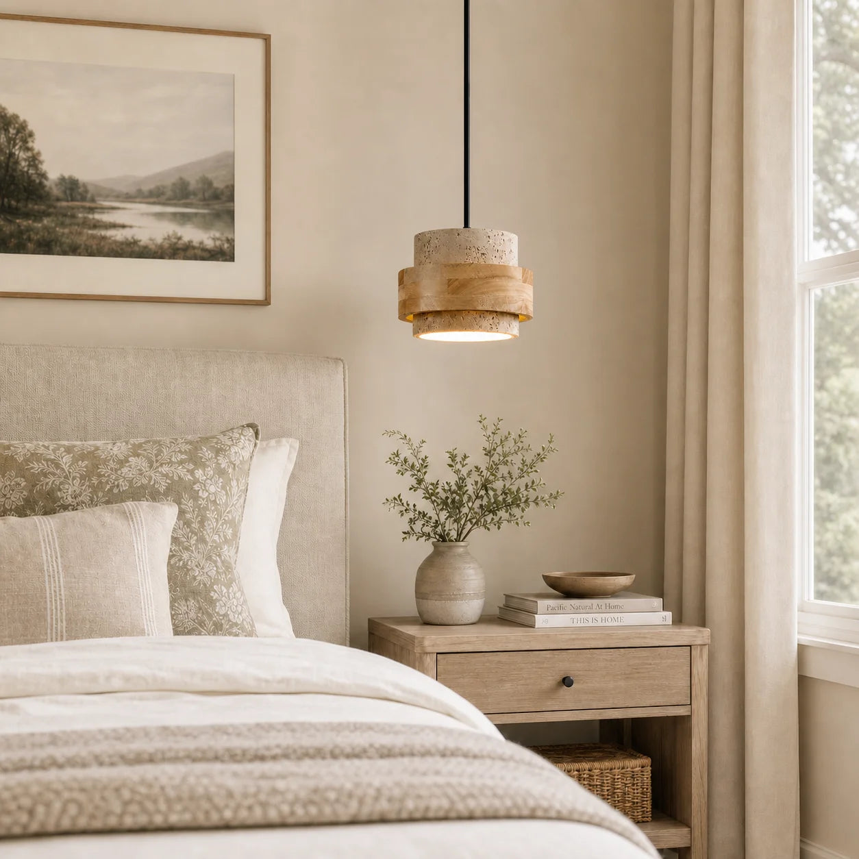 Callan Wabi-Sabi Travertine Walnut Wood Linear Pendant Light