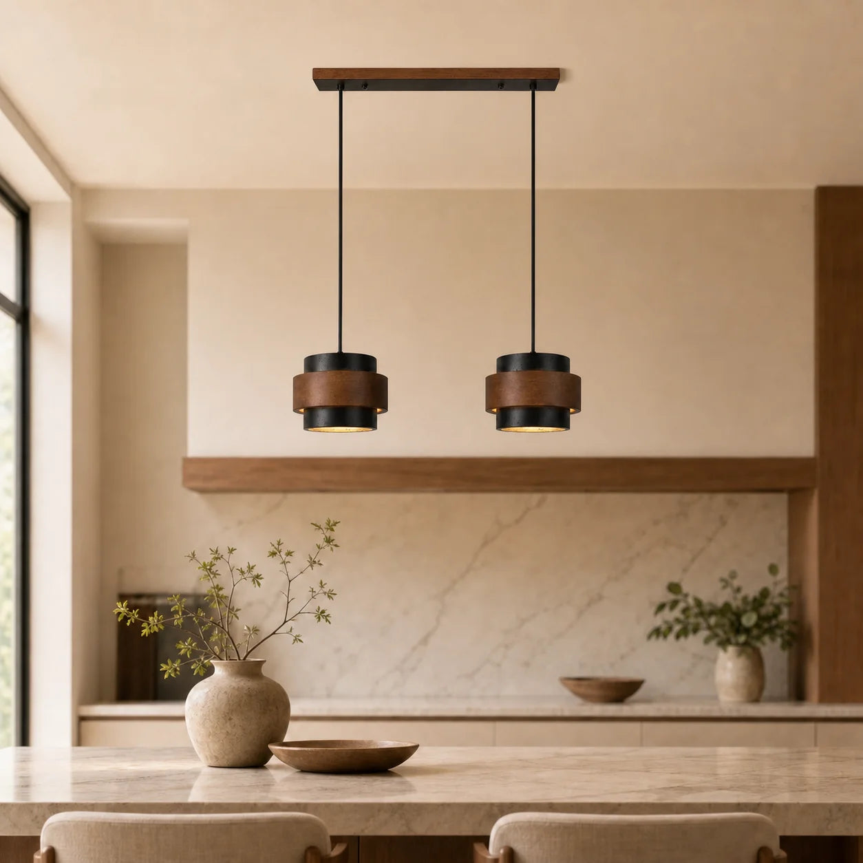 Callan Wabi-Sabi Travertine Walnut Wood Linear Pendant Light