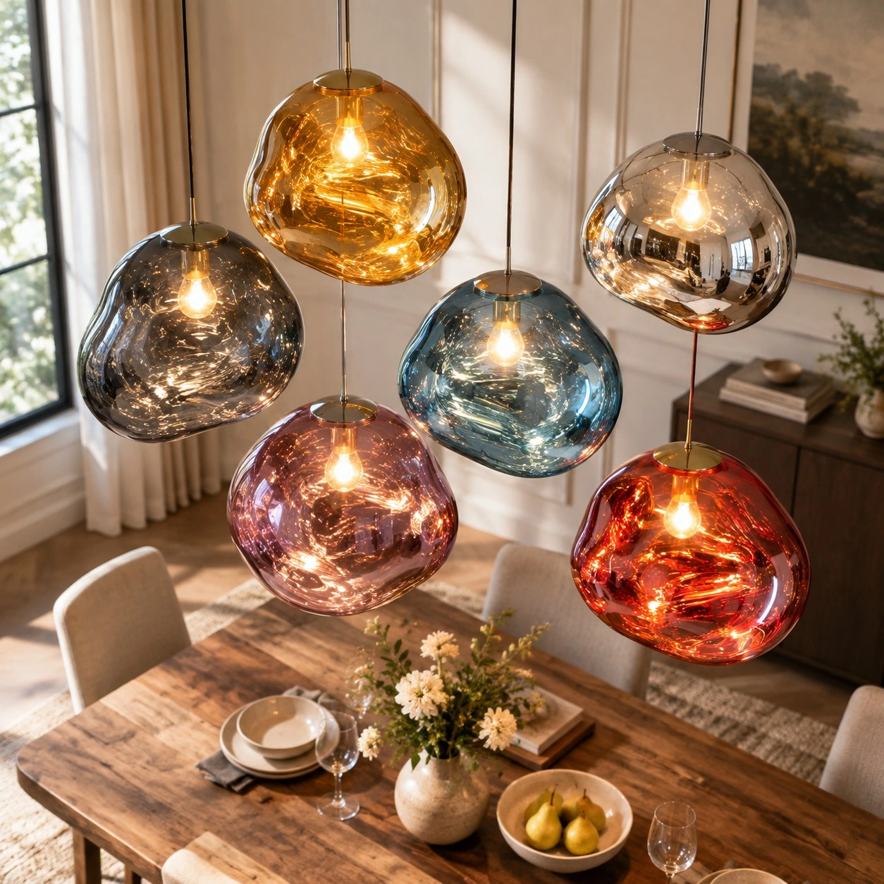 Lampadario a sospensione scultoreo a forma di sfera in acrilico effetto lava fusa &mdash; Finitura a specchio, attacco E27, &Oslash;18&ndash;48 cm