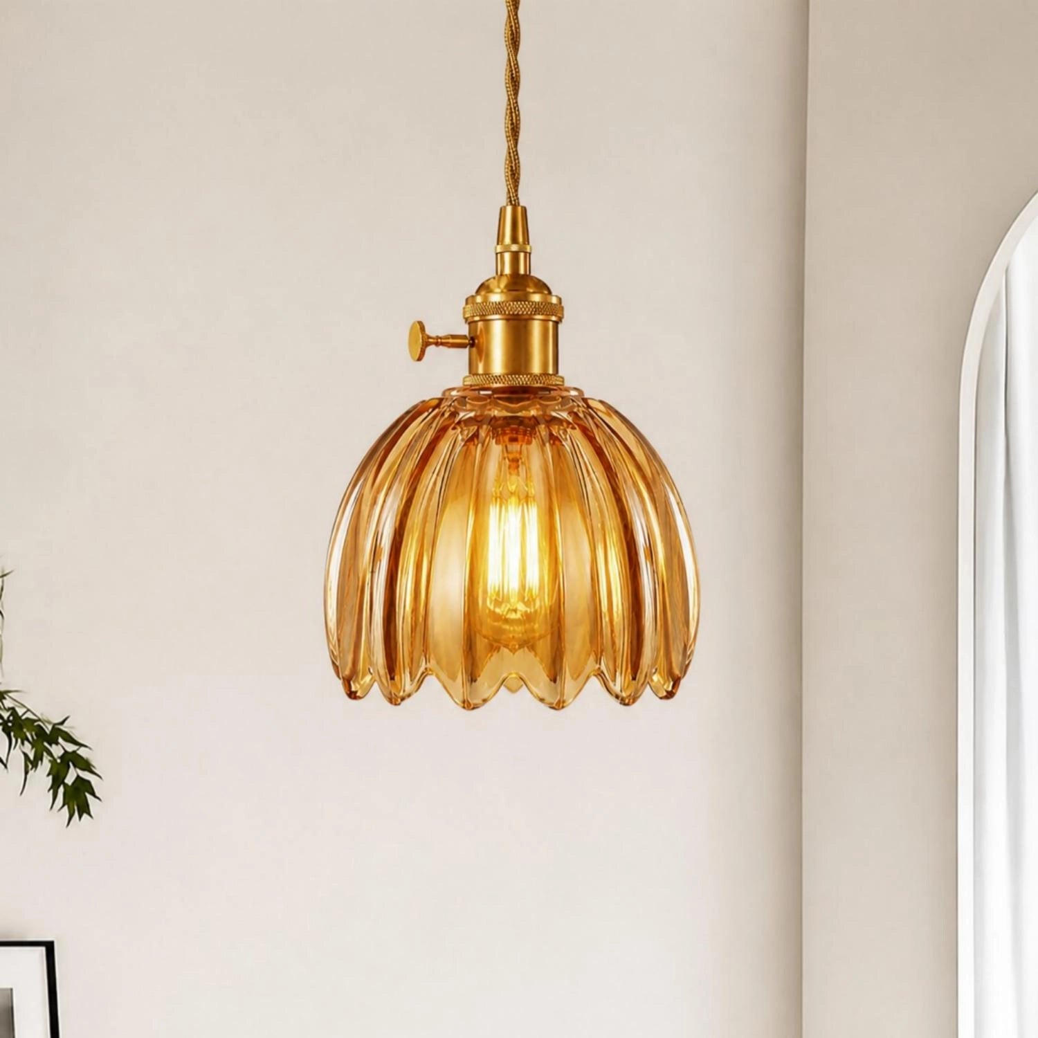 Amber ribbed tulip glass pendant