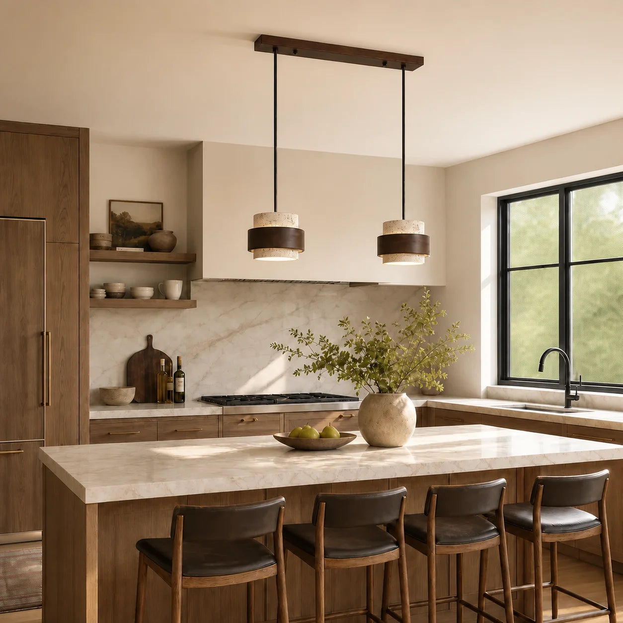 Callan Wabi-Sabi Travertine Walnut Wood Linear Pendant Light