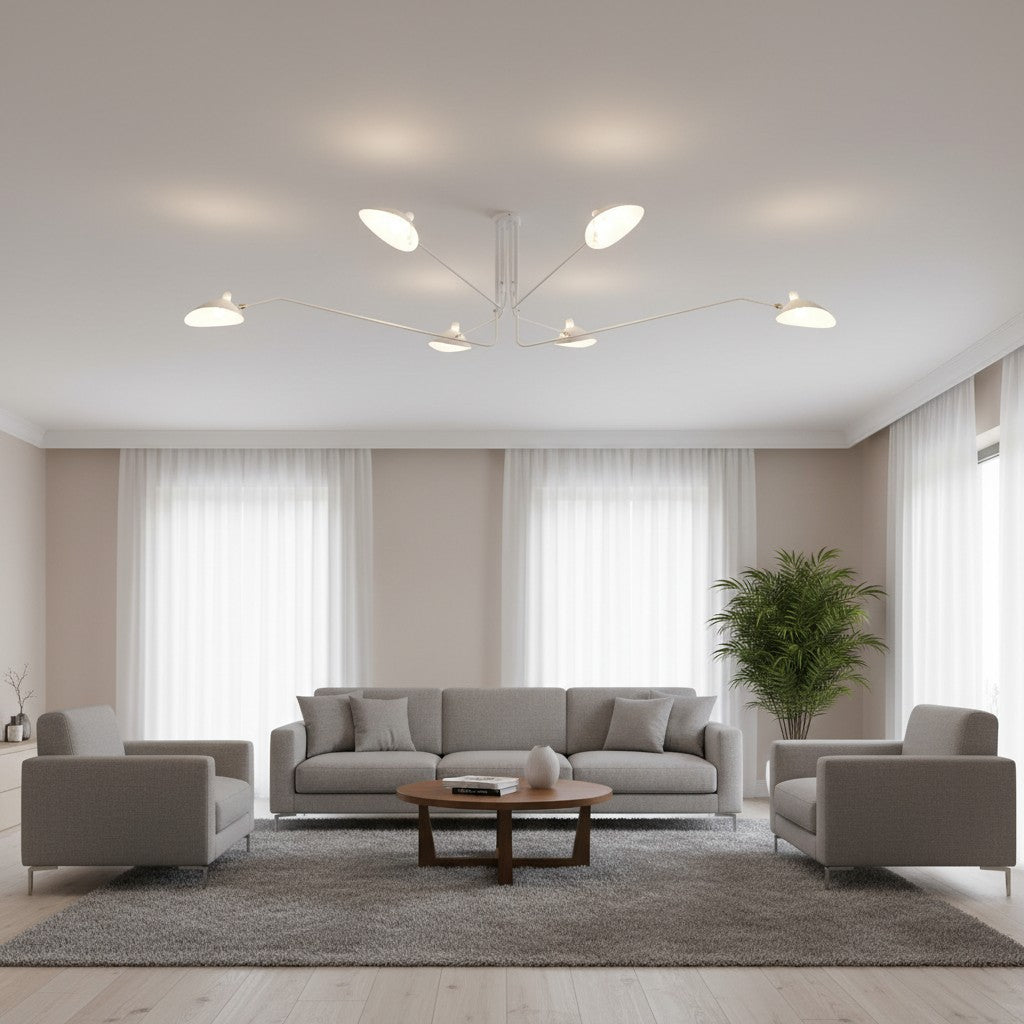 Sechsköpfige weiße Entenschnabel-Deckenleuchte im Wohnzimmer