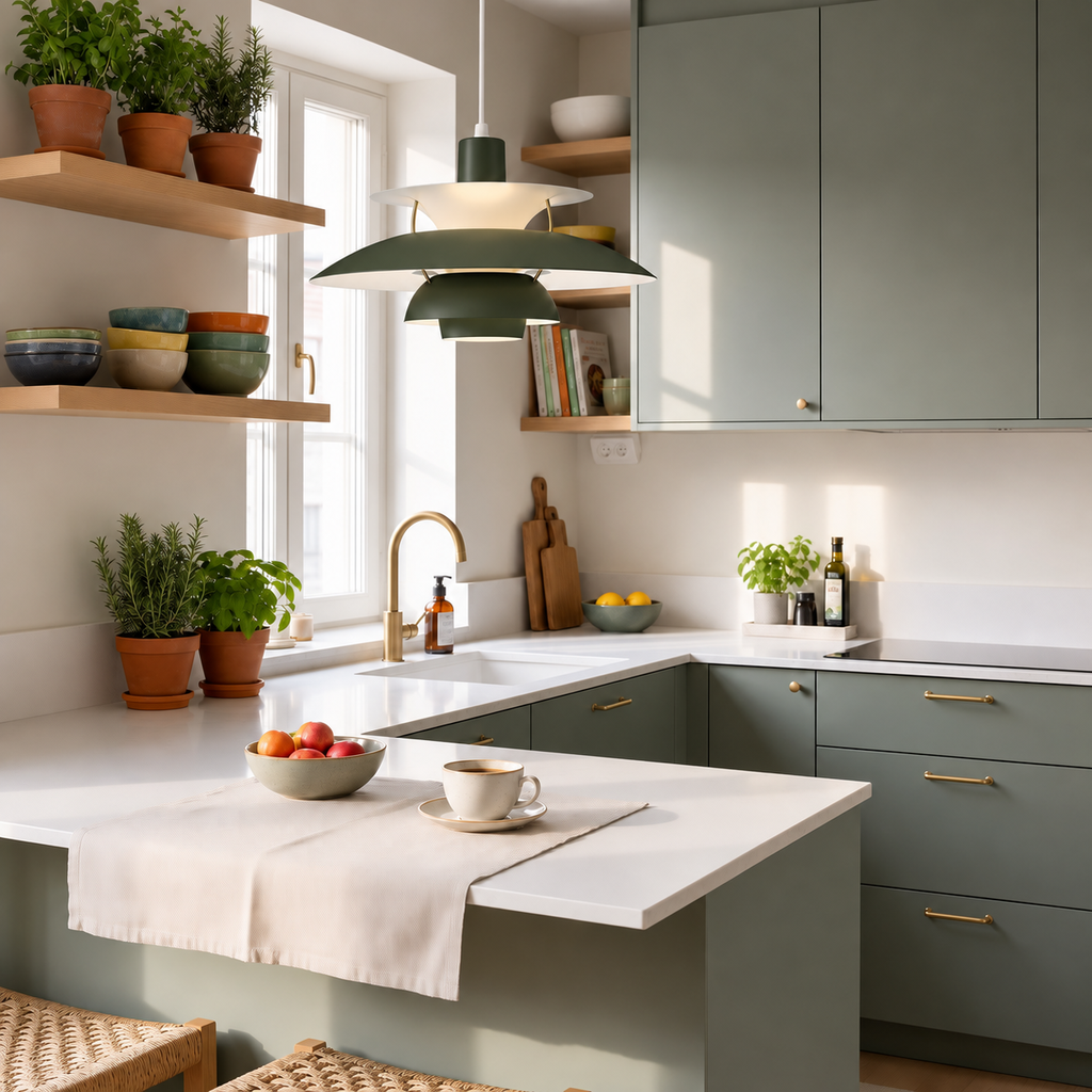 Nordic multi-tiered pendant lamp &mdash; Dark Olive &mdash; interior scene
