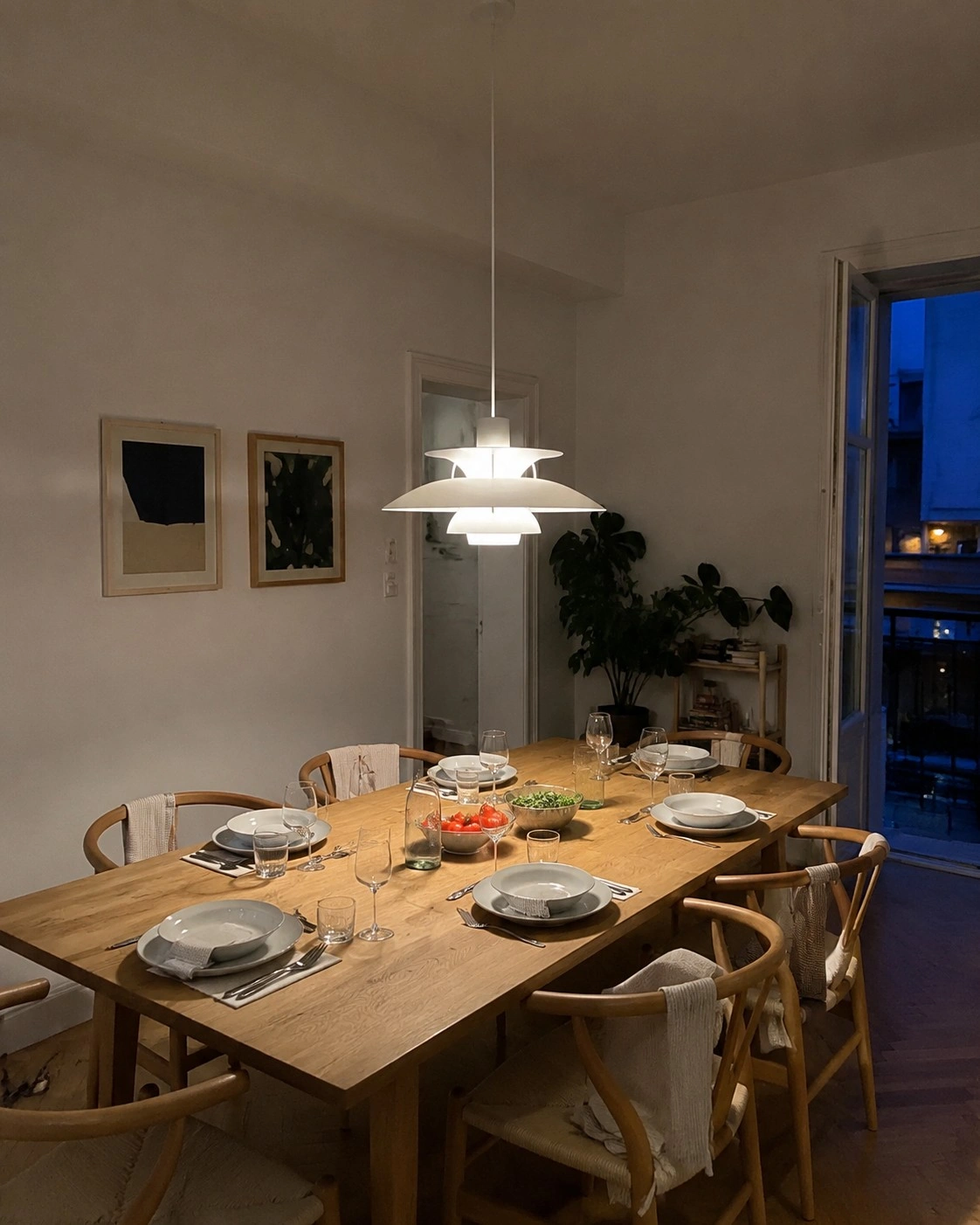 Pendant above a six-seat dining table