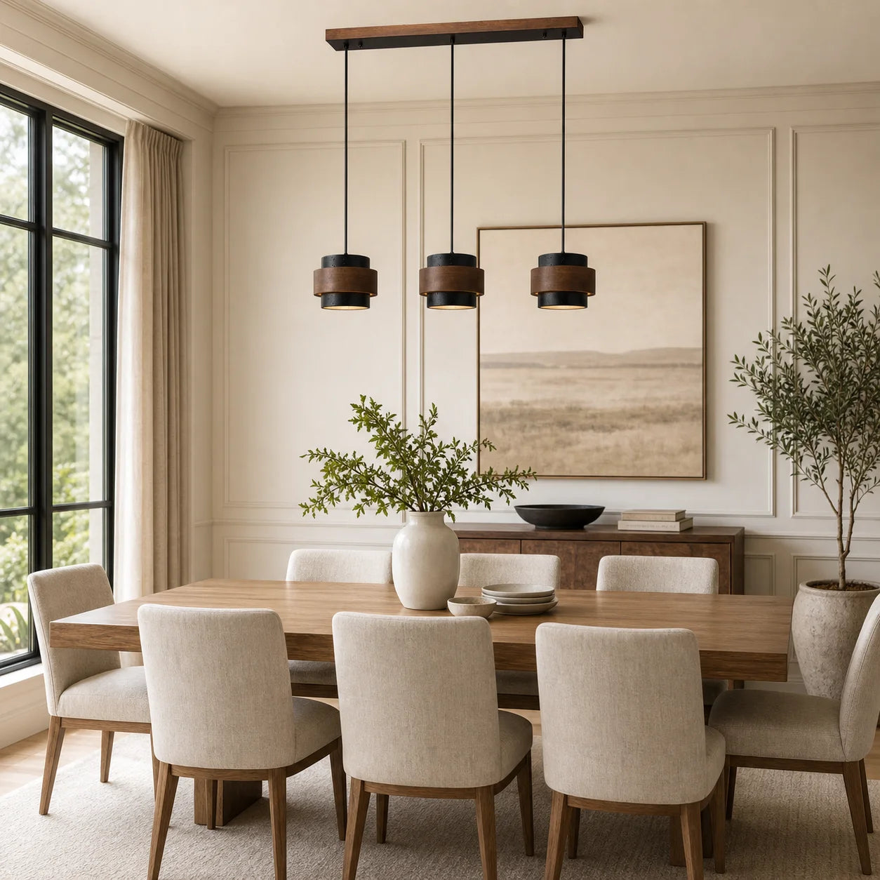 Callan Wabi-Sabi Travertine Walnut Wood Linear Pendant Light