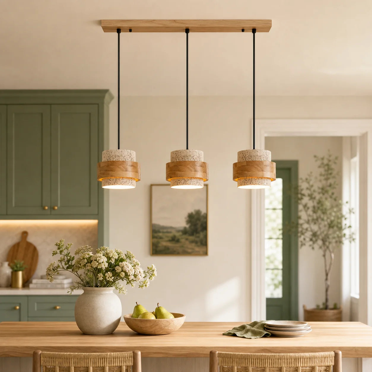Callan Wabi-Sabi Travertine Walnut Wood Linear Pendant Light