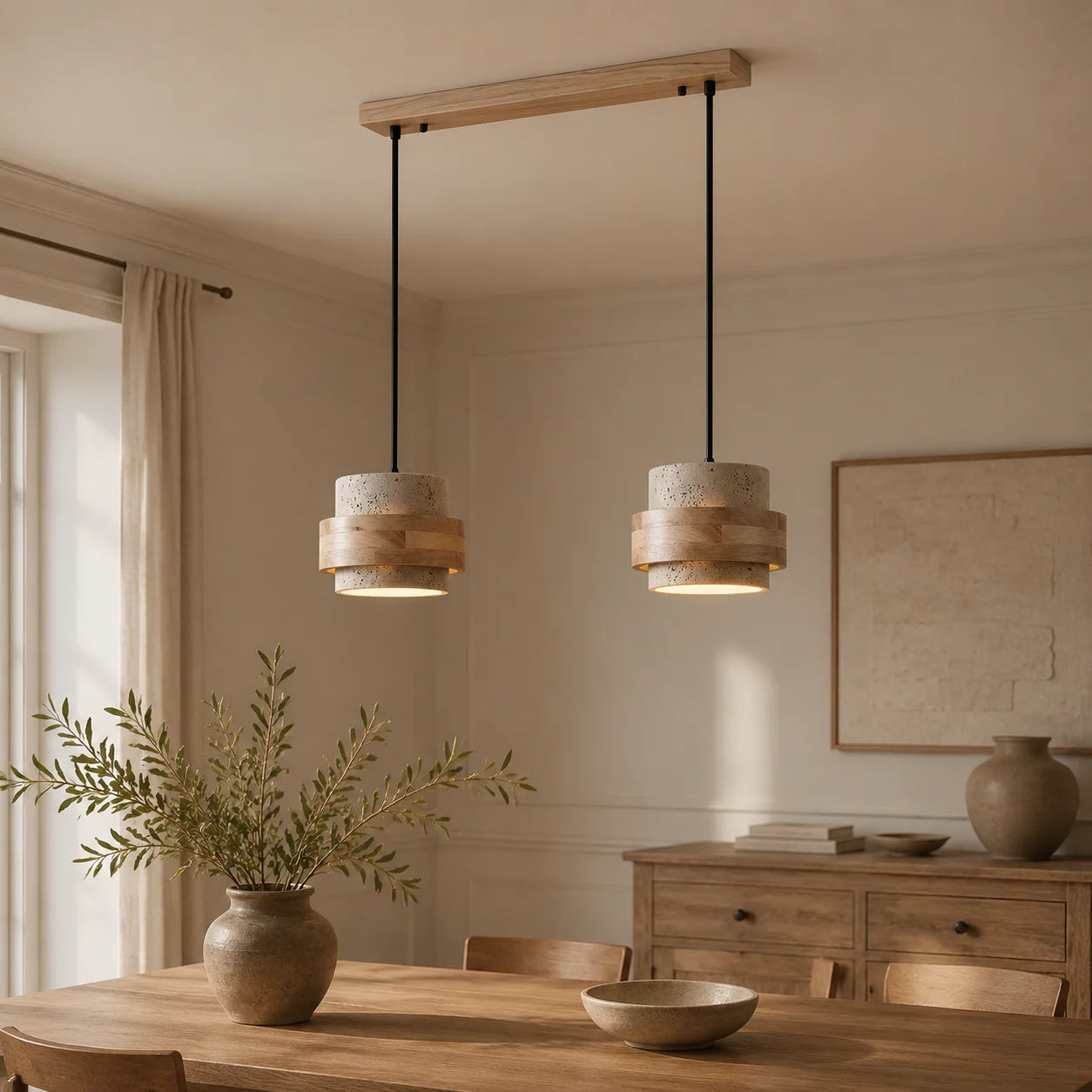 Callan Wabi-Sabi Travertine Walnut Wood Linear Pendant Light