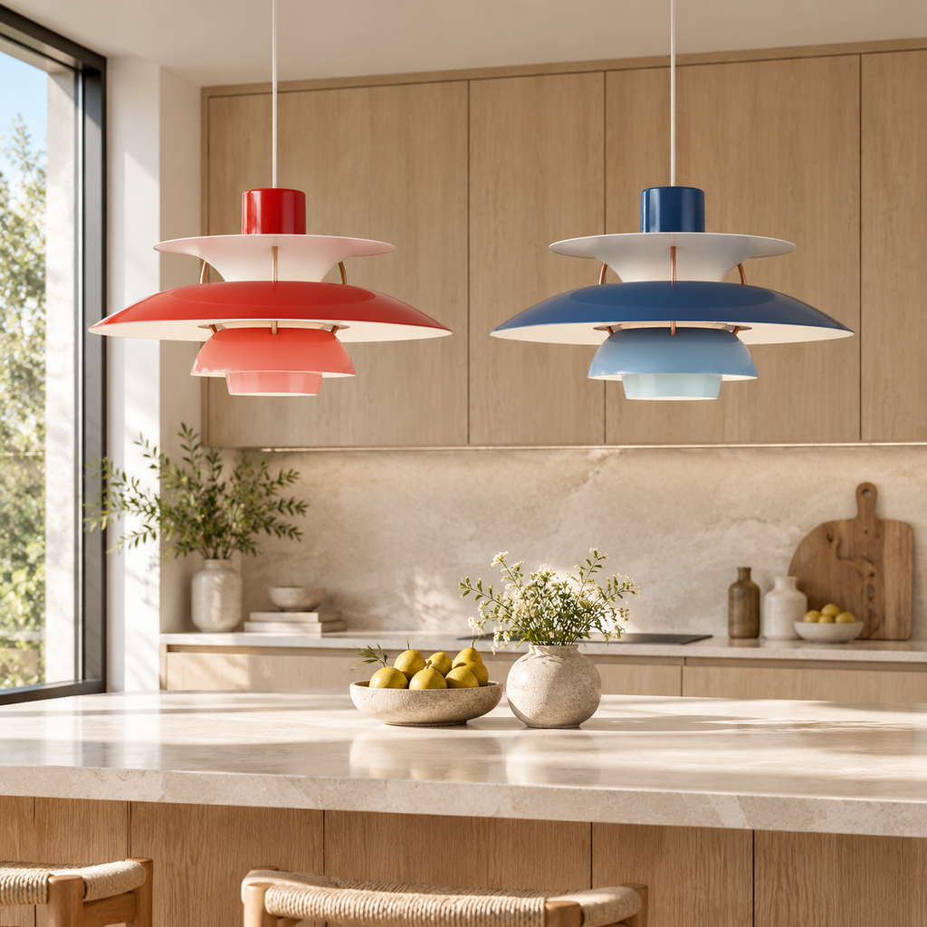Nordic multi-tiered pendant lamp &mdash; Red, Hues of Blue &mdash; interior scene