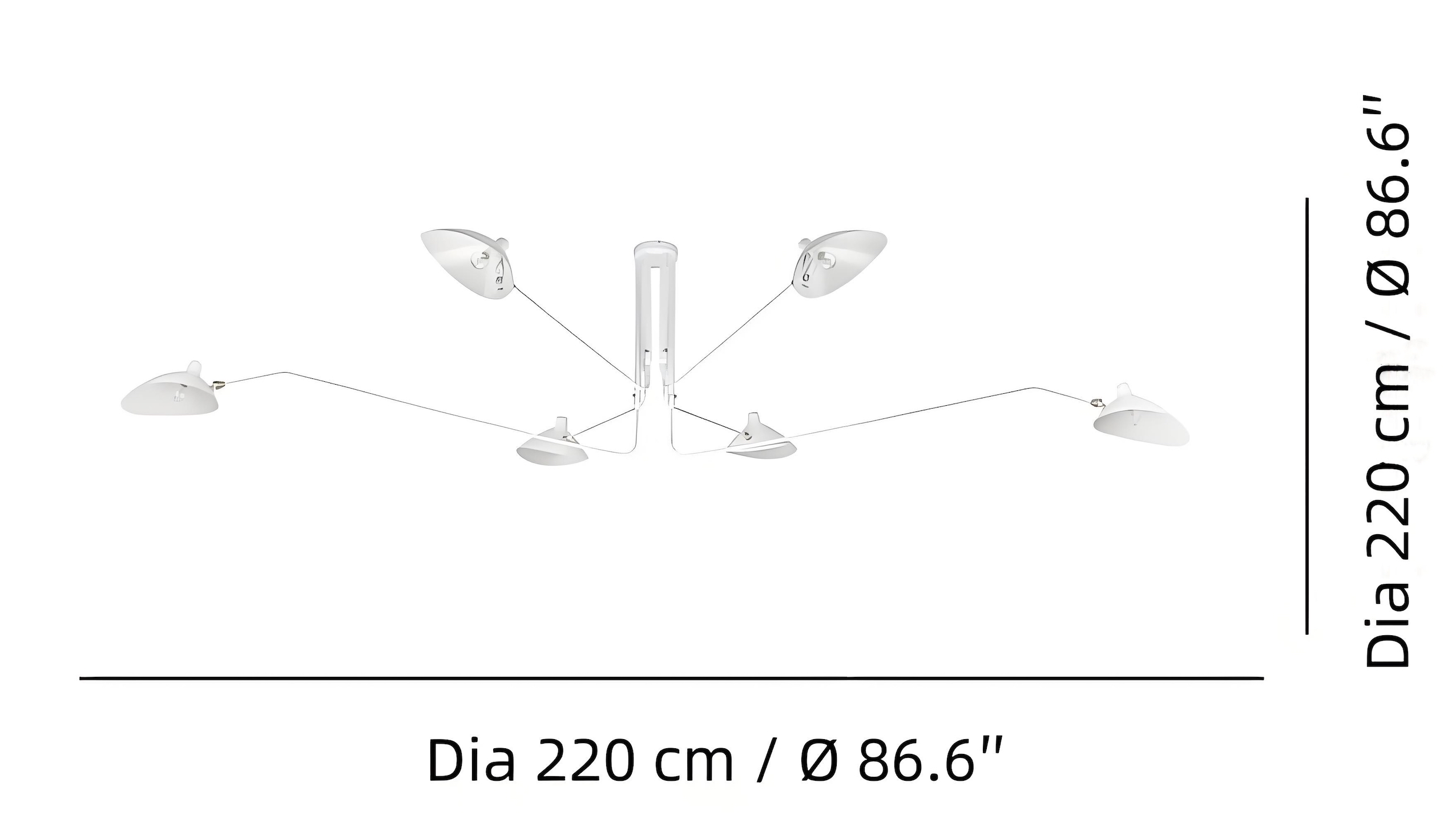 Größendiagramm für sechs Arclume-Deckenleuchten