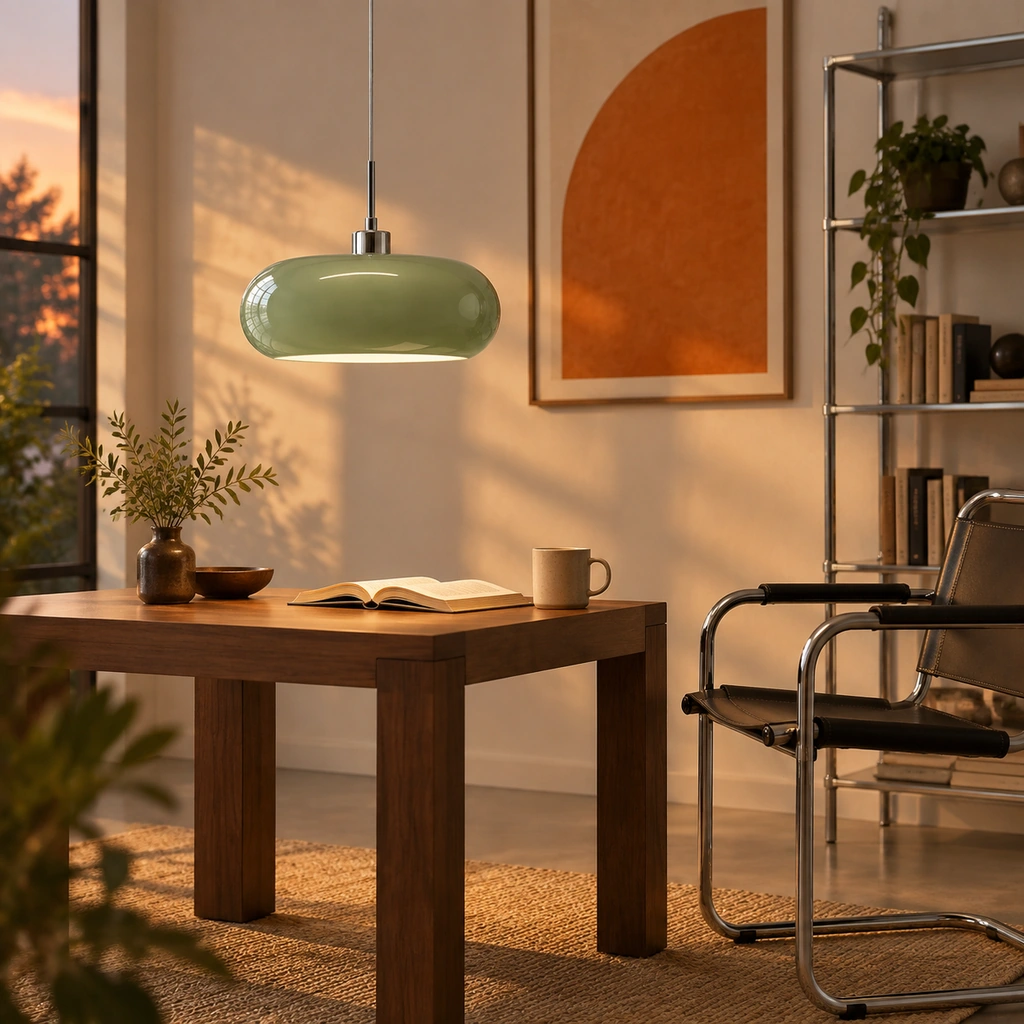 Green Hailie pendant above a walnut reading side table