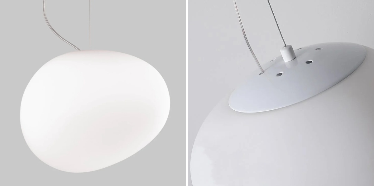 Close view of Stonea satin milk-glass surface and pebble form