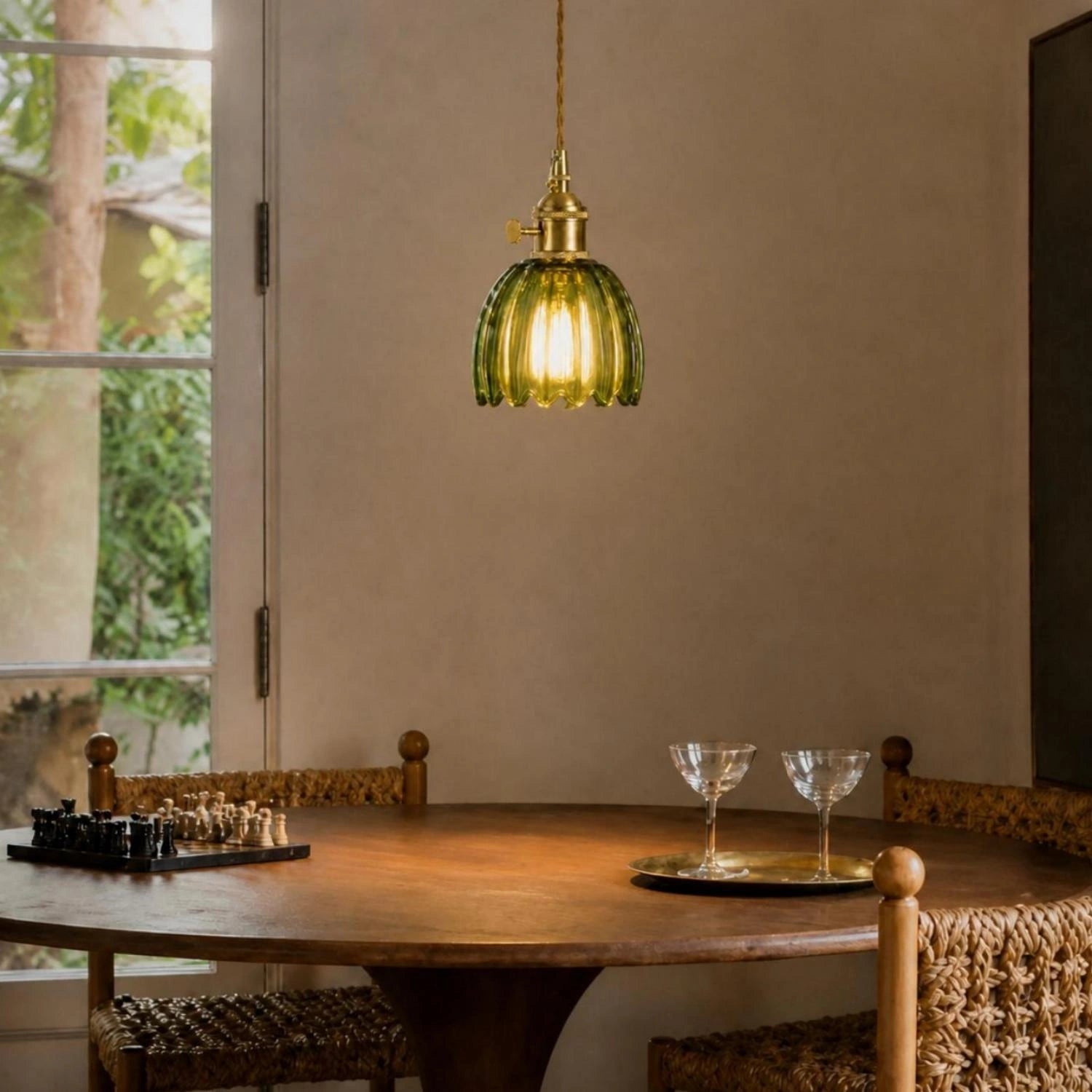 Close look at ribbed tulip glass pendant texture and brass socket