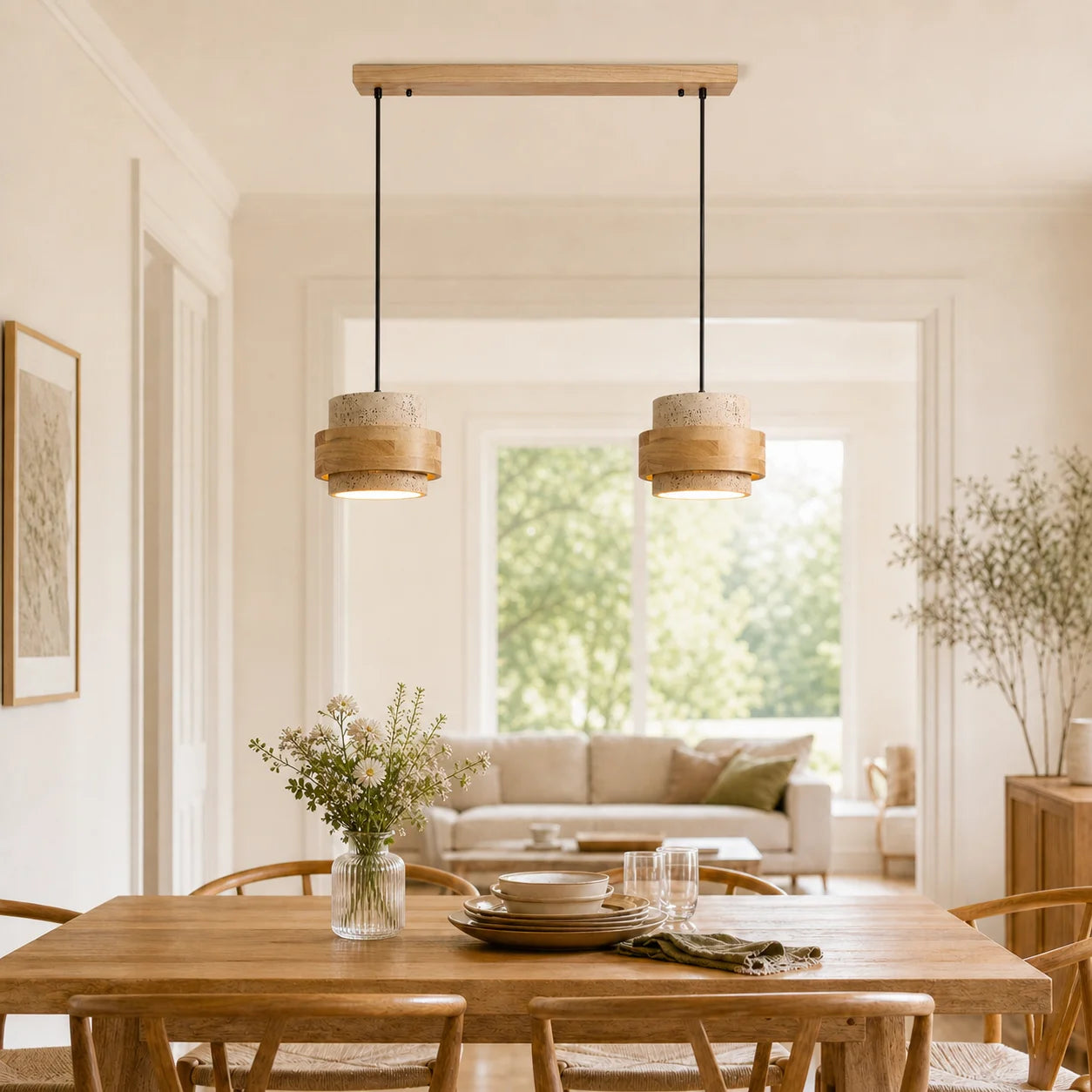 Callan Wabi-Sabi Travertine Walnut Wood Linear Pendant Light