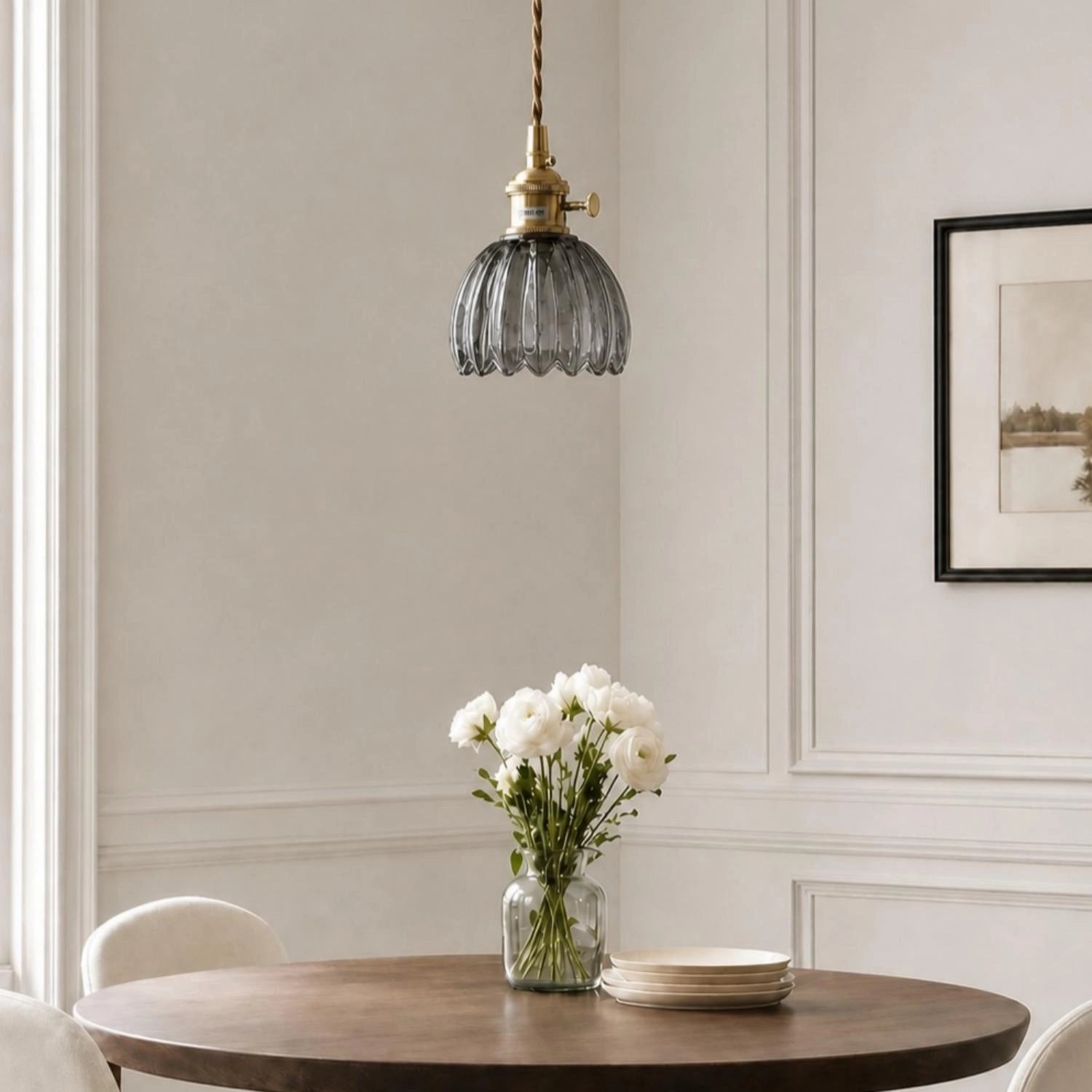 Ribbed tulip glass pendant specification view