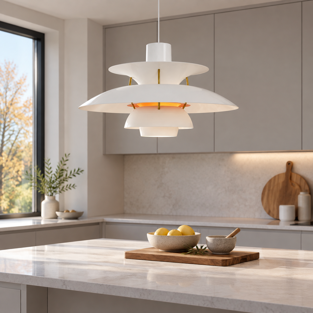Nordic multi-tiered pendant lamp &mdash; Modern White (Orange) &mdash; interior scene