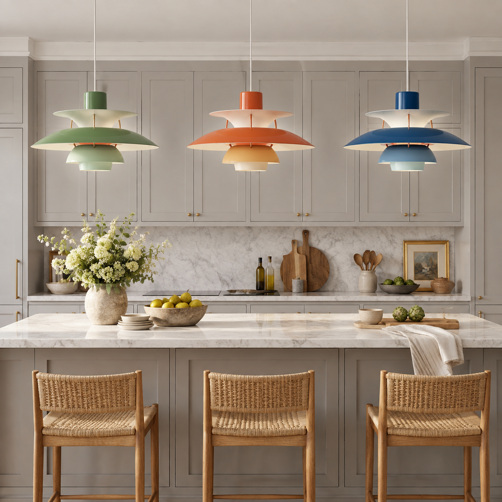 Nordic multi-tiered pendant lamp &mdash; Hues of Green, Hues of Orange, Hues of Blue &mdash; interior scene