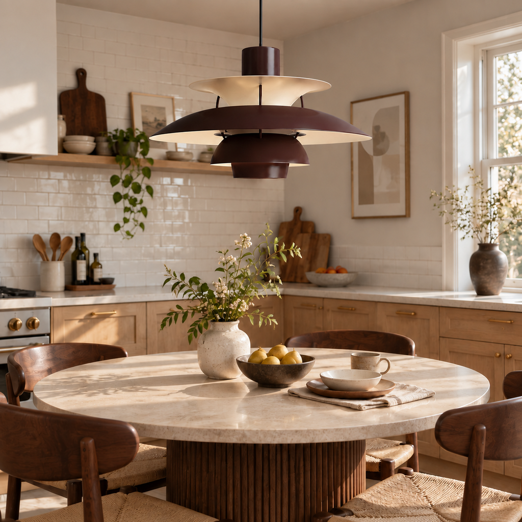 Nordic multi-tiered pendant lamp &mdash; Burgundy &mdash; interior scene
