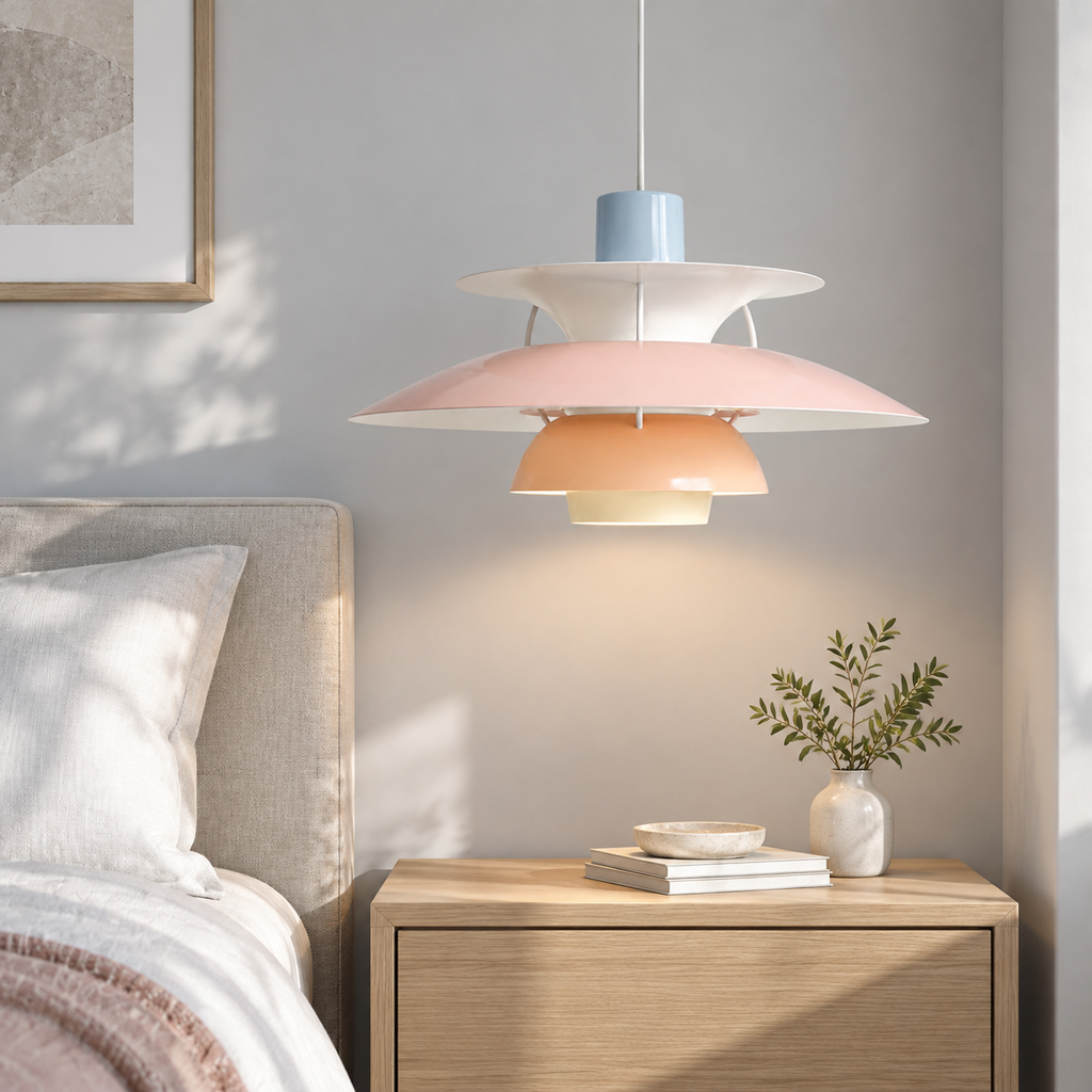 Nordic multi-tiered pendant lamp &mdash; Pastels Blue Rose Peach &mdash; interior scene