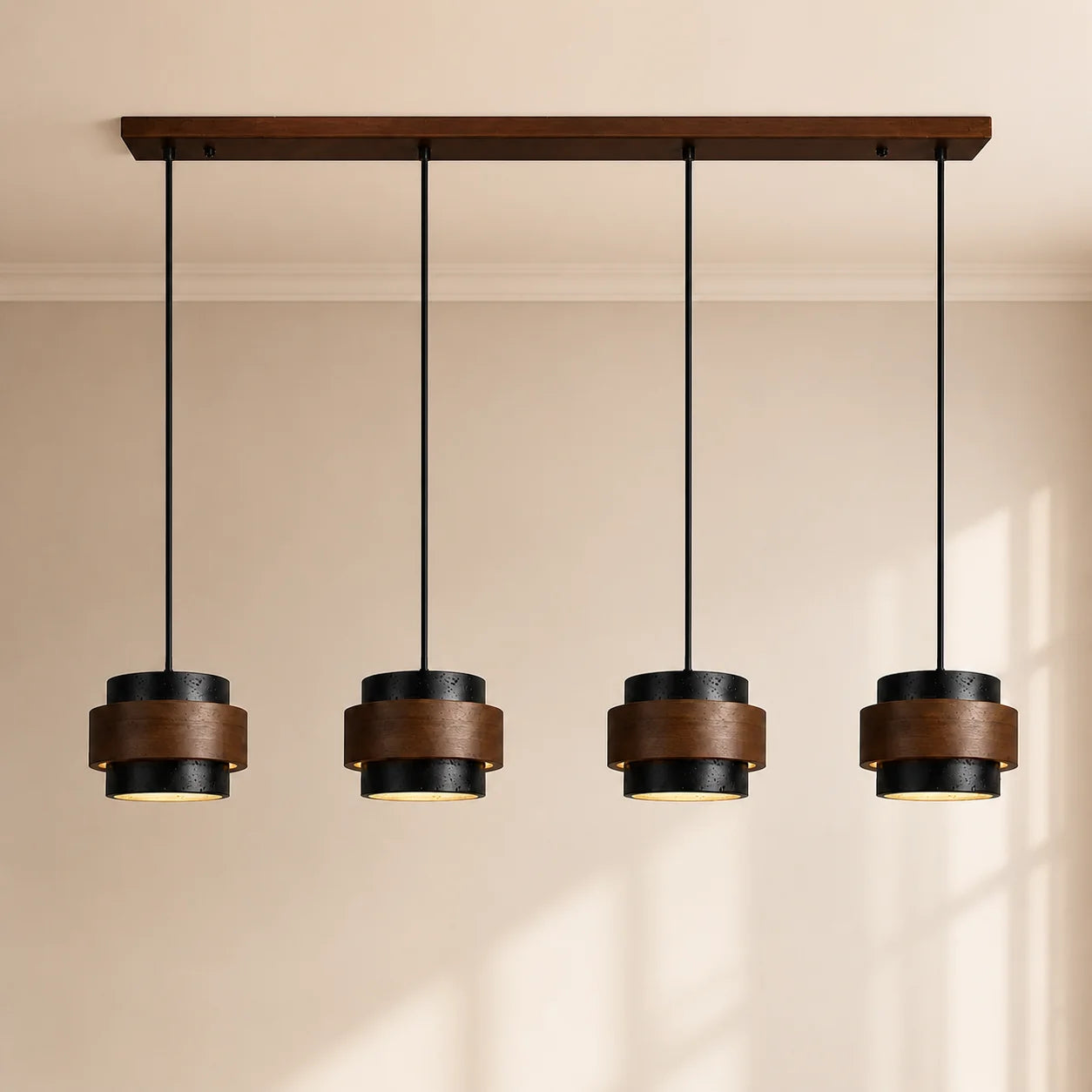 Suspension cylindrique en travertin et noyer Callan &mdash; Style lin&eacute;aire Wabi-Sabi, 1 &agrave; 4 t&ecirc;tes