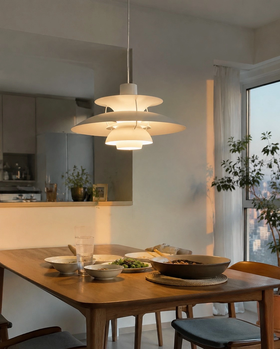 Warm pendant above a dining table