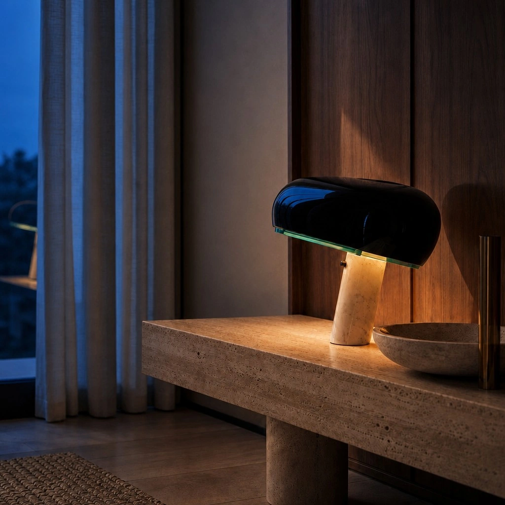 Lampada da tavolo Noxa in marmo con paralume curvo in metallo smaltato &mdash; 3 colori, 2 misure