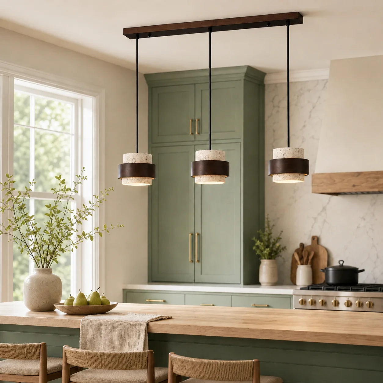 Callan Wabi-Sabi Travertine Walnut Wood Linear Pendant Light