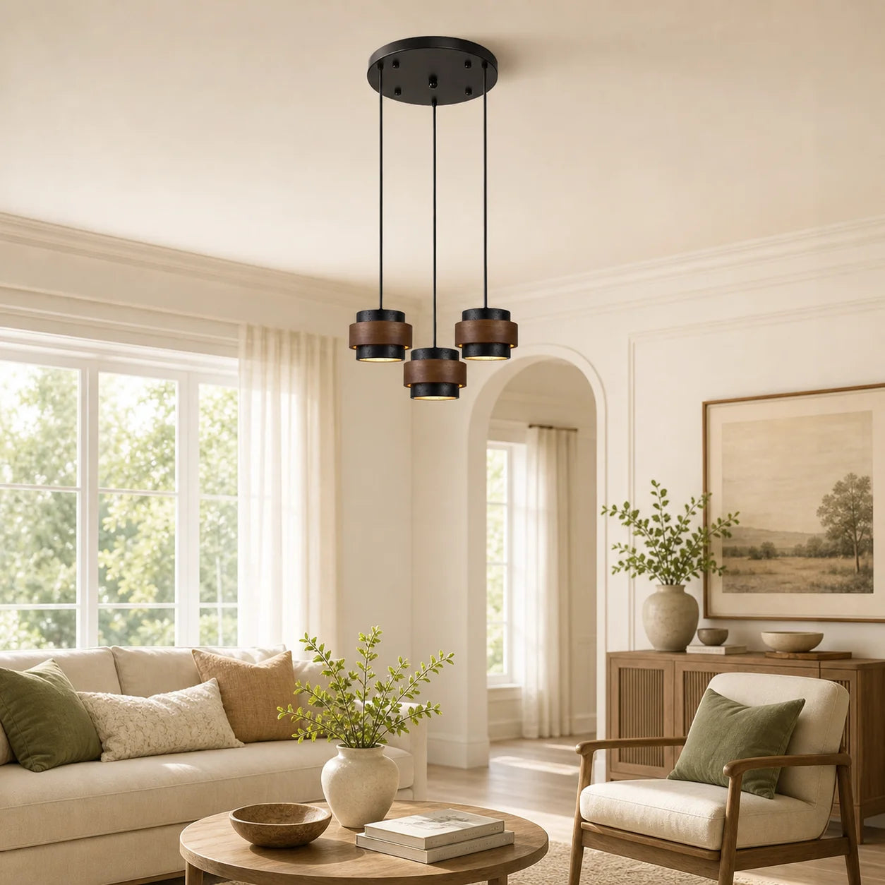 Callan Wabi-Sabi Travertine Walnut Wood Linear Pendant Light